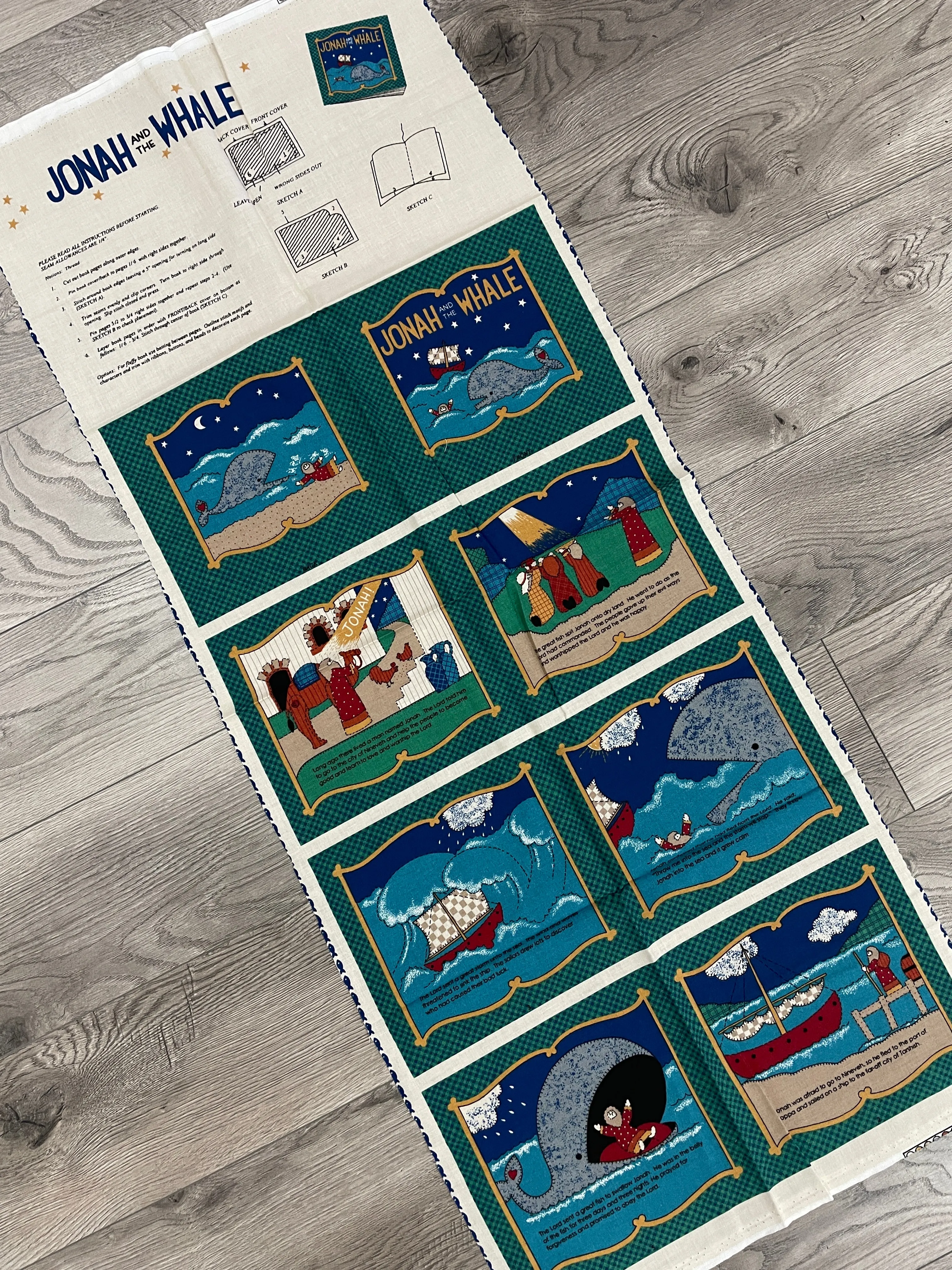 1995 Quilting Cotton Soft Book Panel Vintage - Jonah and the Whale