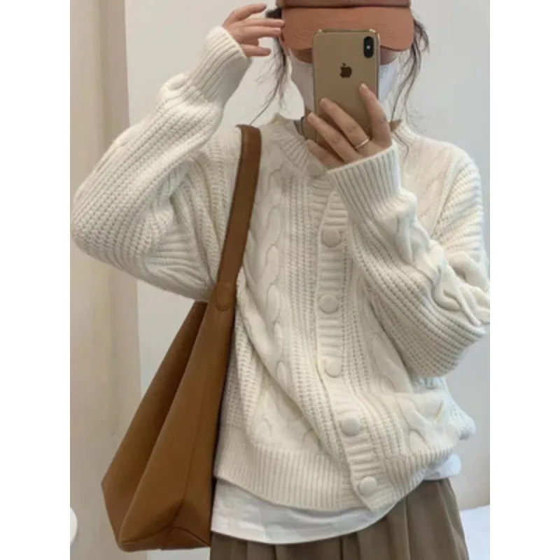 Aiertu datenight fall outfits Autumn Women's Vintage Twist Knitted Sweater Thickened Loose Coat Long Sleeve Top Fashion