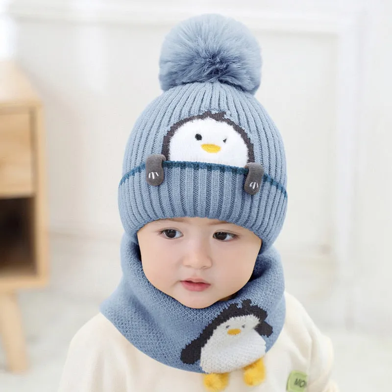 Animal Cartoon Knitted Scarf Pom Pom Hat Set For Kids