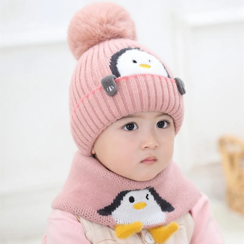 Animal Cartoon Knitted Scarf Pom Pom Hat Set For Kids