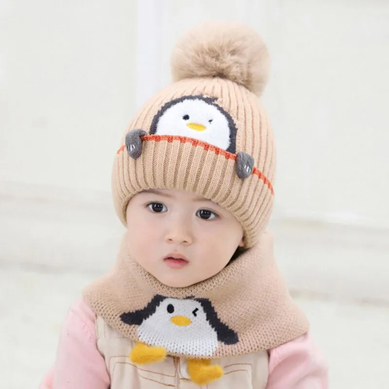 Animal Cartoon Knitted Scarf Pom Pom Hat Set For Kids