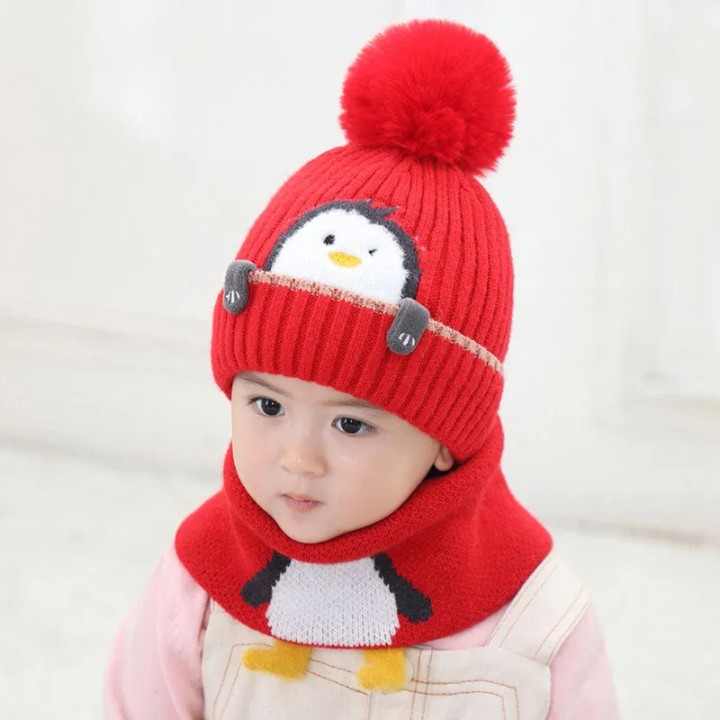 Animal Cartoon Knitted Scarf Pom Pom Hat Set For Kids