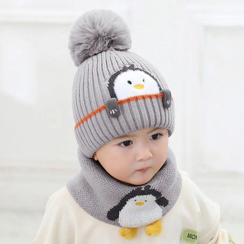 Animal Cartoon Knitted Scarf Pom Pom Hat Set For Kids