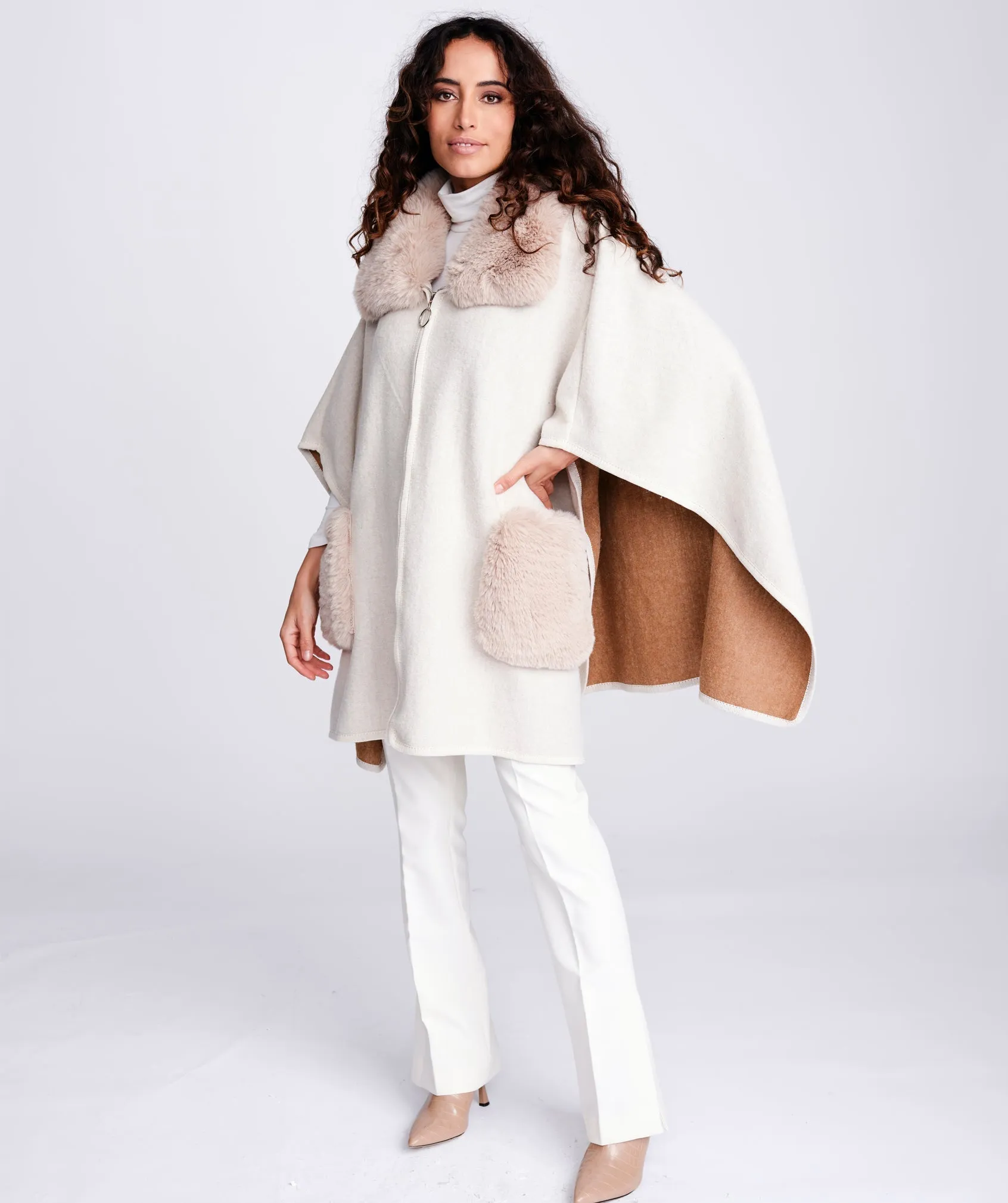 Beige Faux Fur Trim Cape with Check Pattern