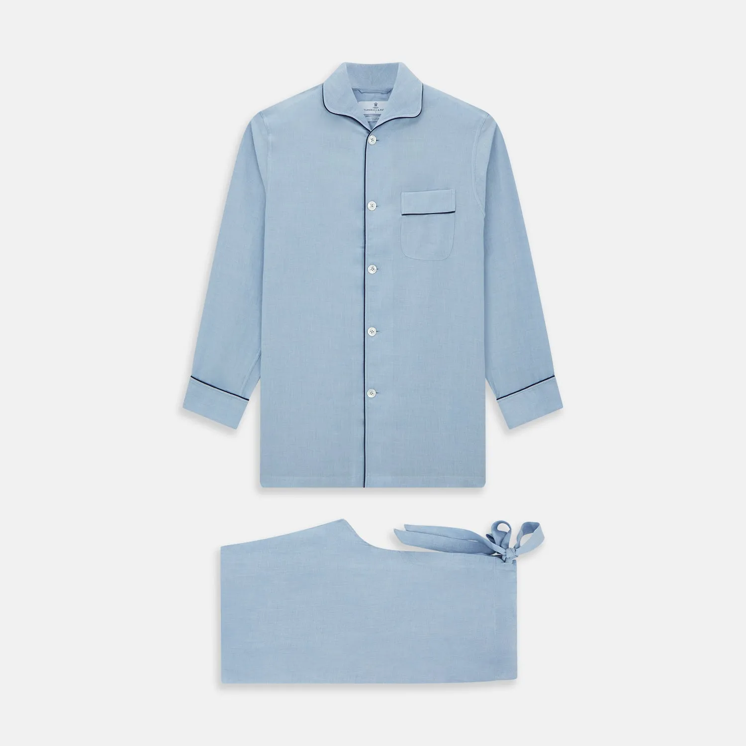 Blue Piped Cotton-Cashmere Pyjama Set