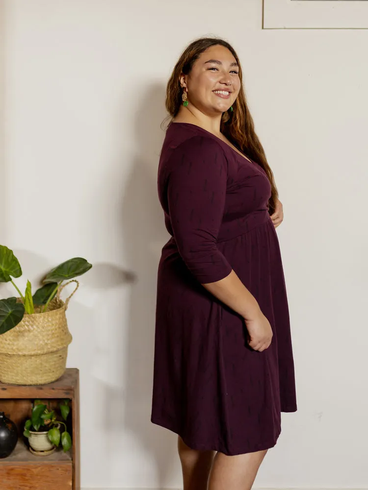 Callie 3/4 Sleeve Plus Size Wrap Dress - Diamond Vine Dark Purple