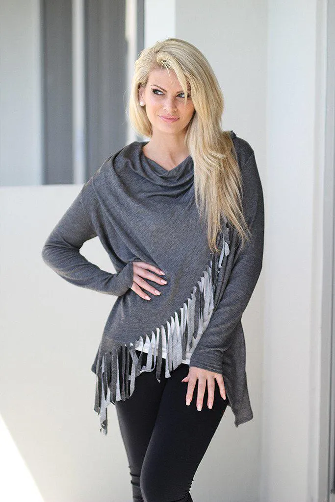 Charcoal Fringe Wrap Top