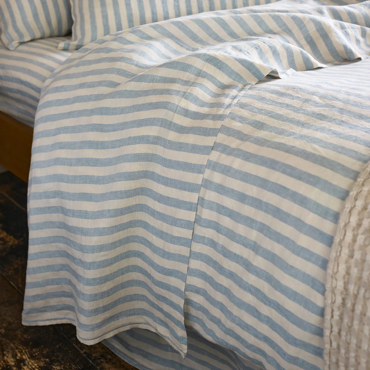 Coastal Blue Pembroke Stripe 100% Linen Flat Sheet