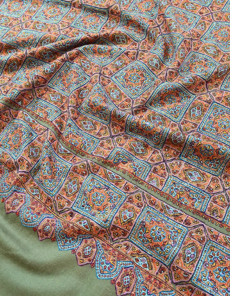 Dark Grey and Orange Embroidery Pashmina Shawl 7361