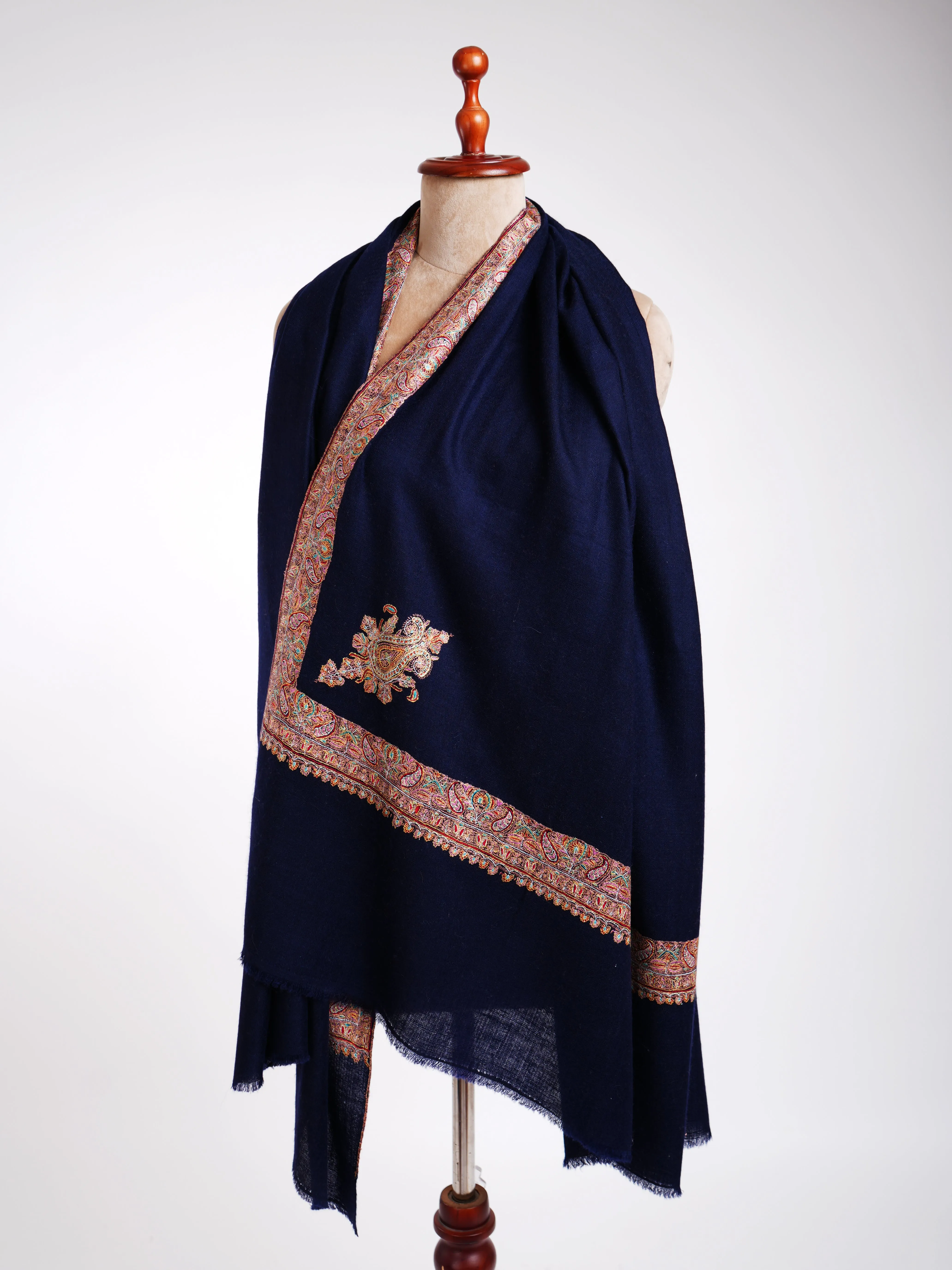 Daur Dar Sozni Hand Embroidery Pashmina Shawl Dark Blue