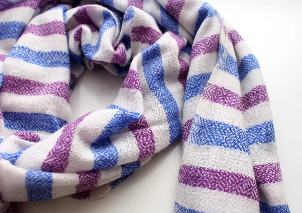 Diamond Weaved Blue and Purple Striped Pure Pashmina Shawl