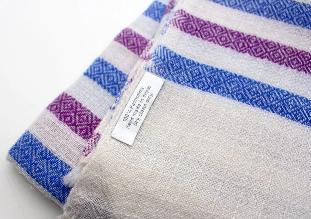 Diamond Weaved Blue and Purple Striped Pure Pashmina Shawl