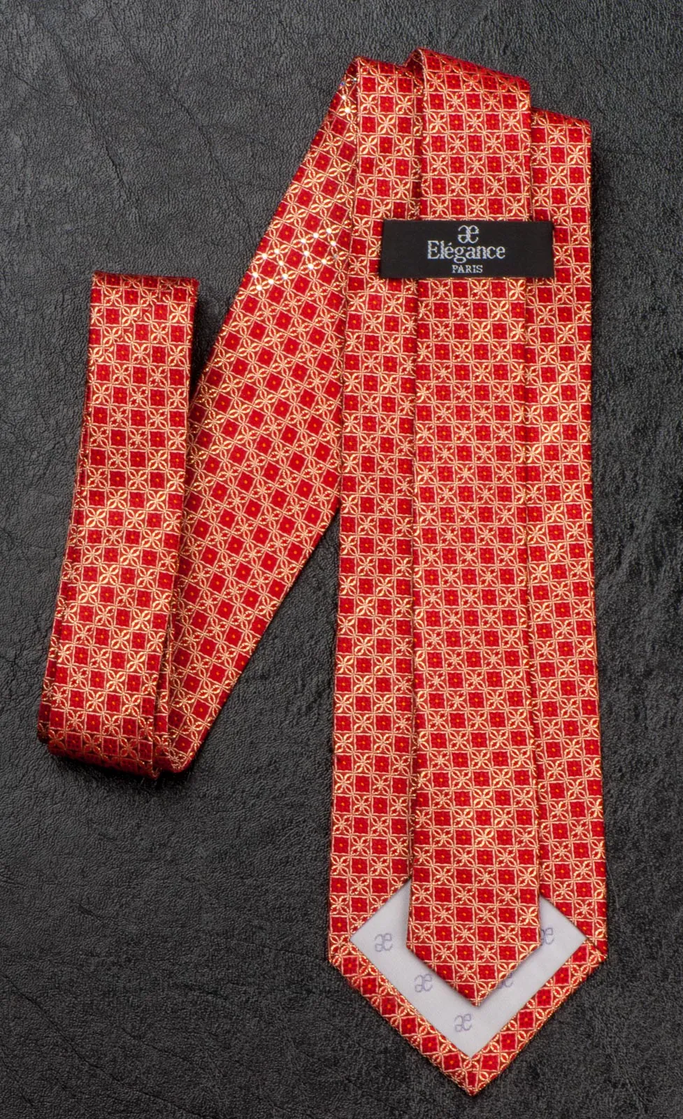 Elégance Silk Neck Tie Golden Geometric Design On Red With White Rhinestones