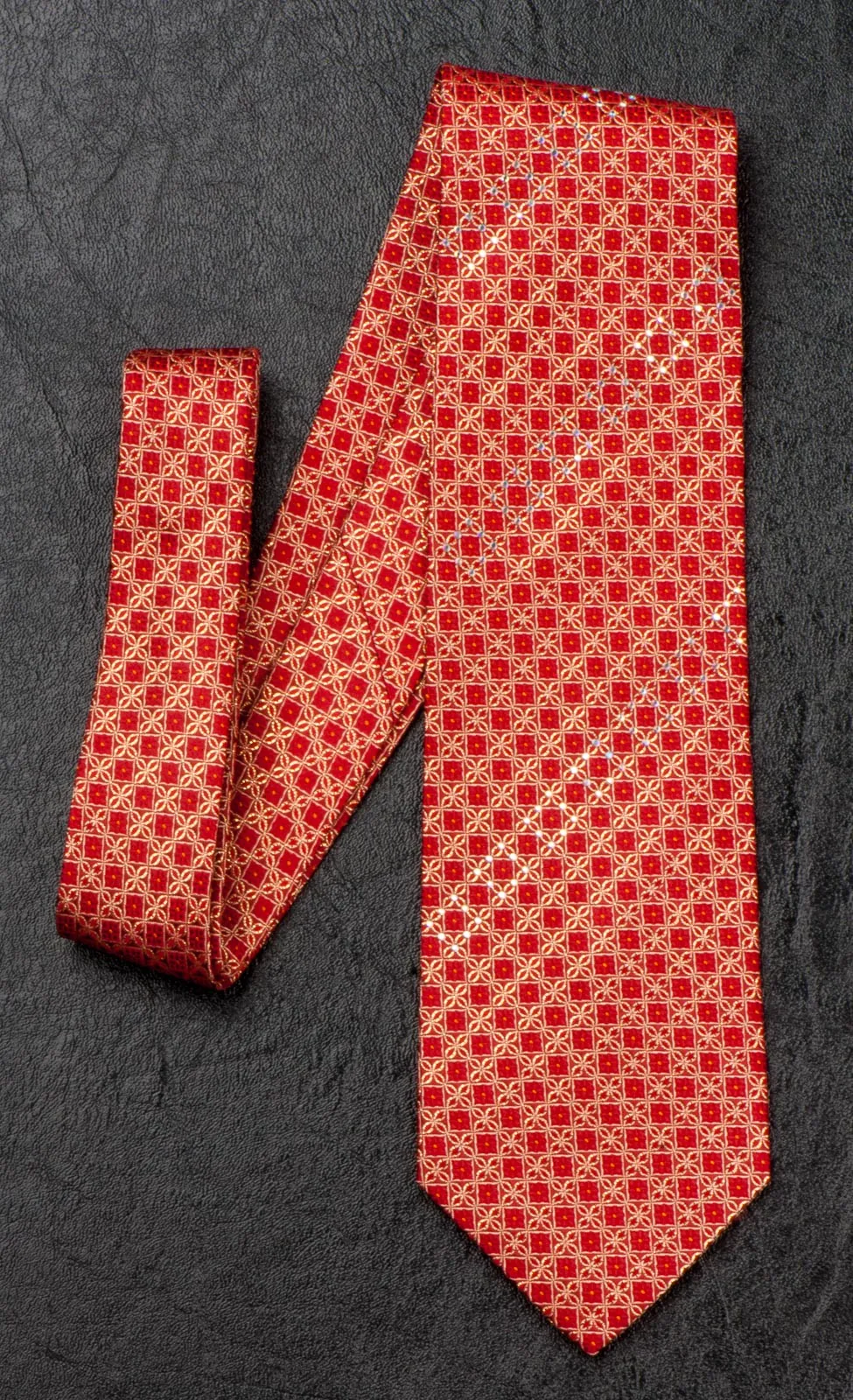 Elégance Silk Neck Tie Golden Geometric Design On Red With White Rhinestones