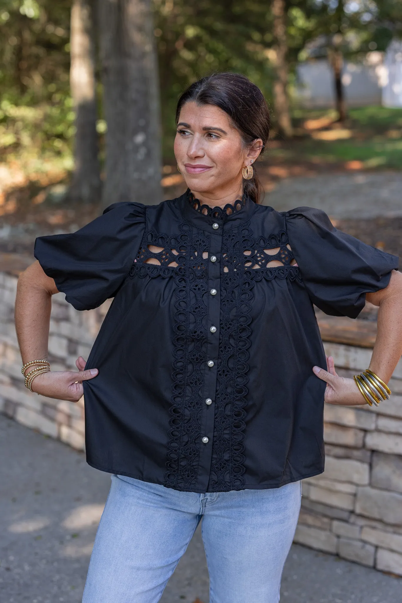 Embroidered Elegance Black Lace Top