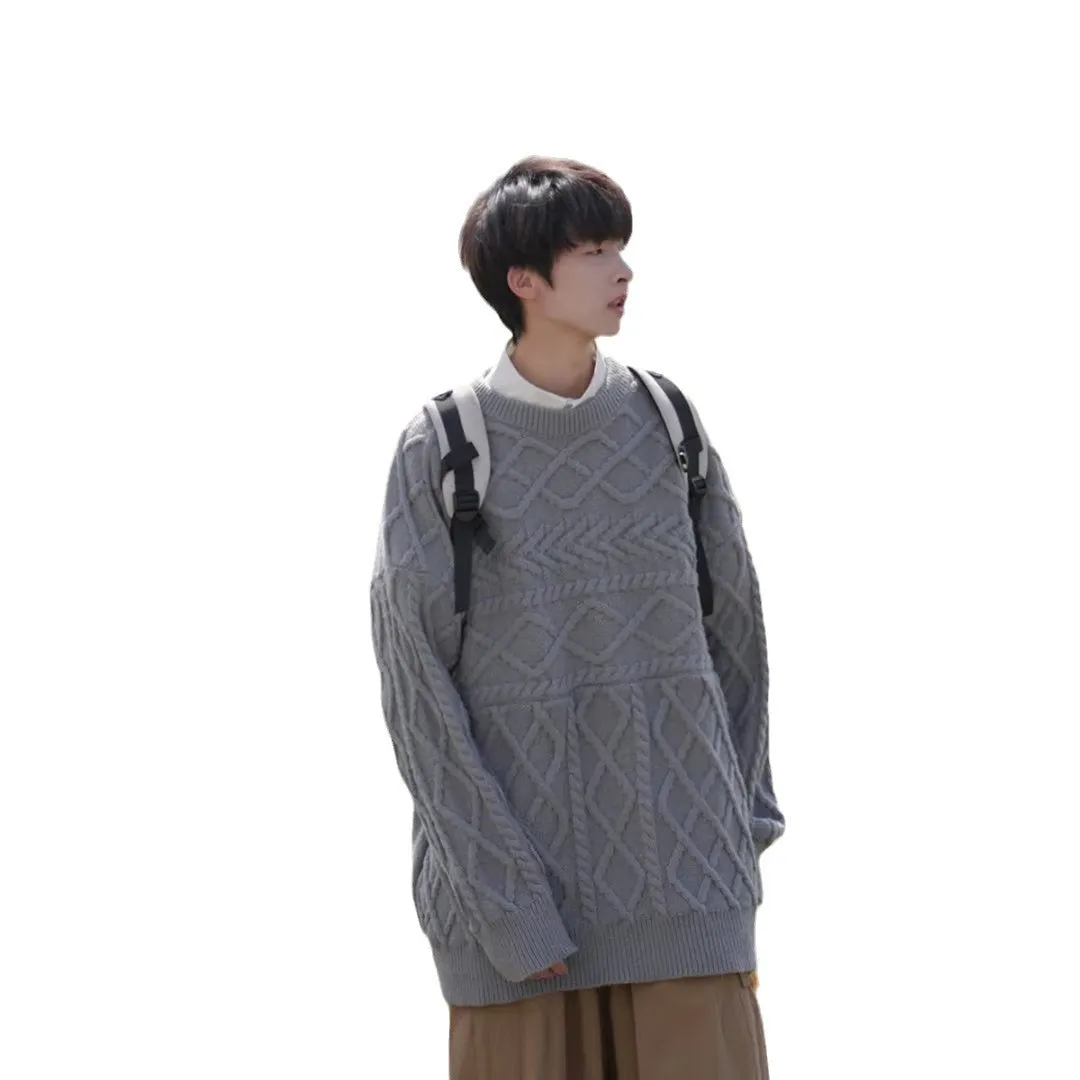 Fashionkova outfit inspo fall Lazy Sweater Men's Autumn and Winter New Thick Thread Twist Thickened round Neck Rhombus Pullover Loose Wool Sweater Fashion