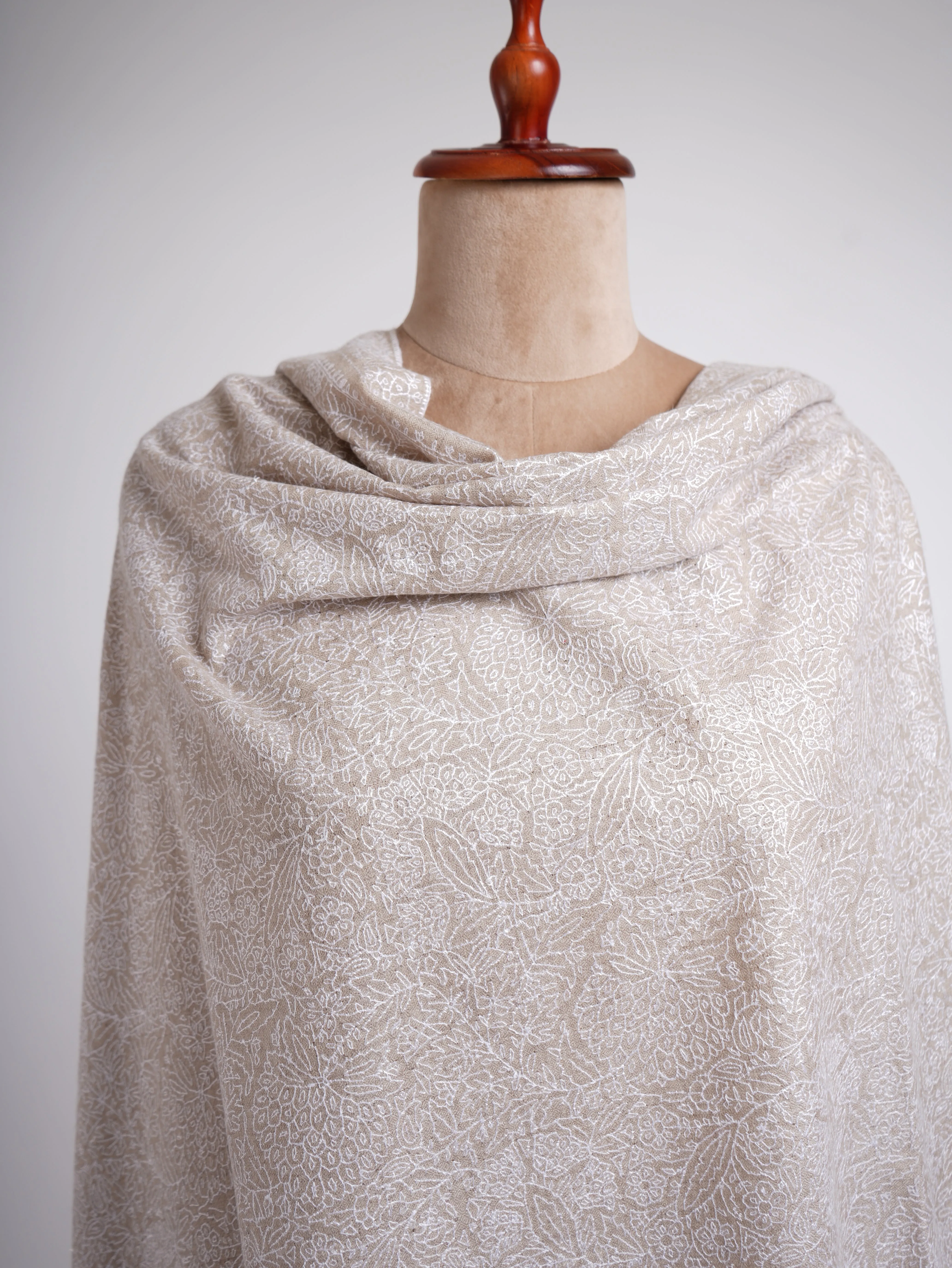 Grey with White Embroidered Pashmina Shawl