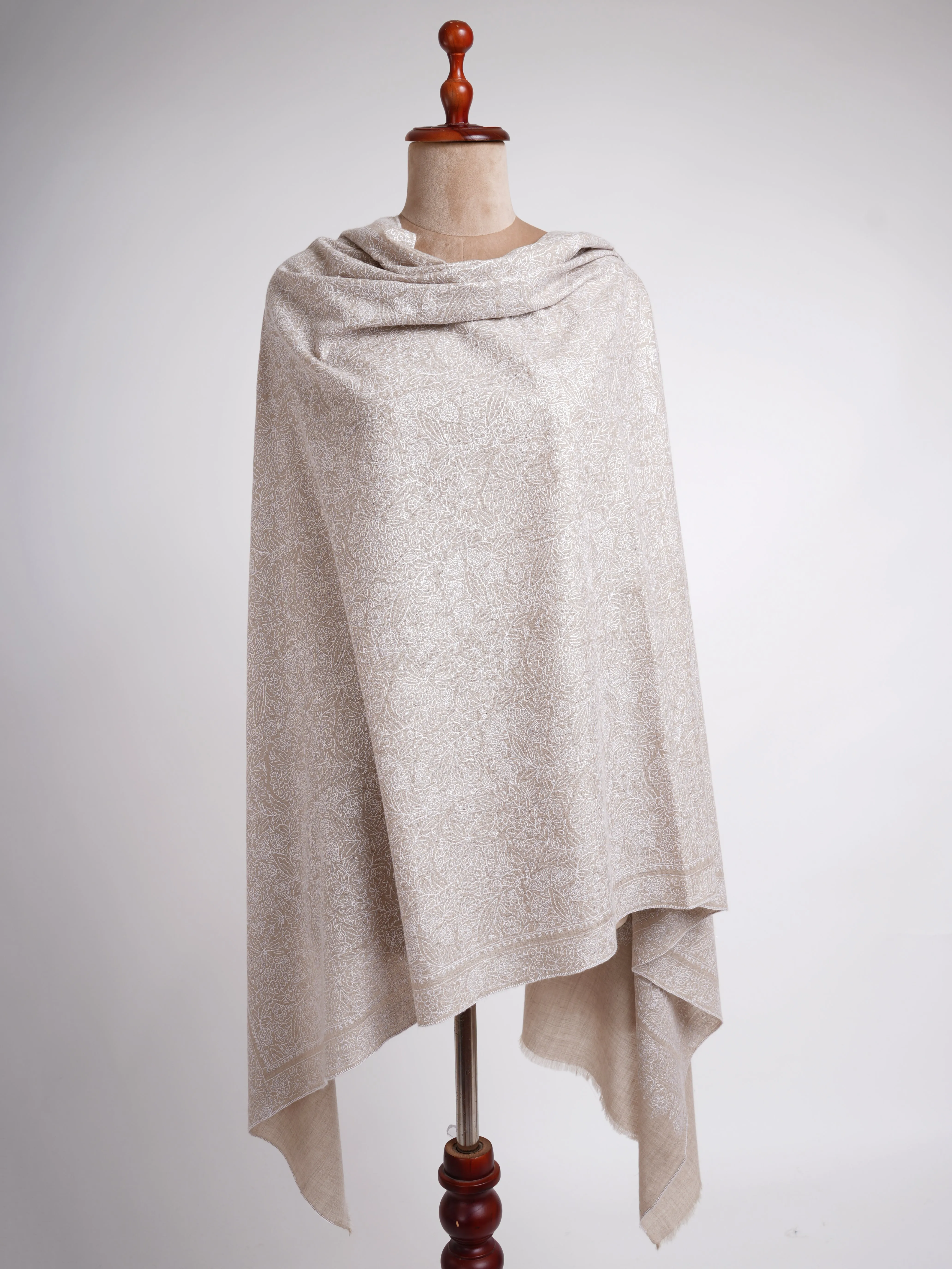 Grey with White Embroidered Pashmina Shawl