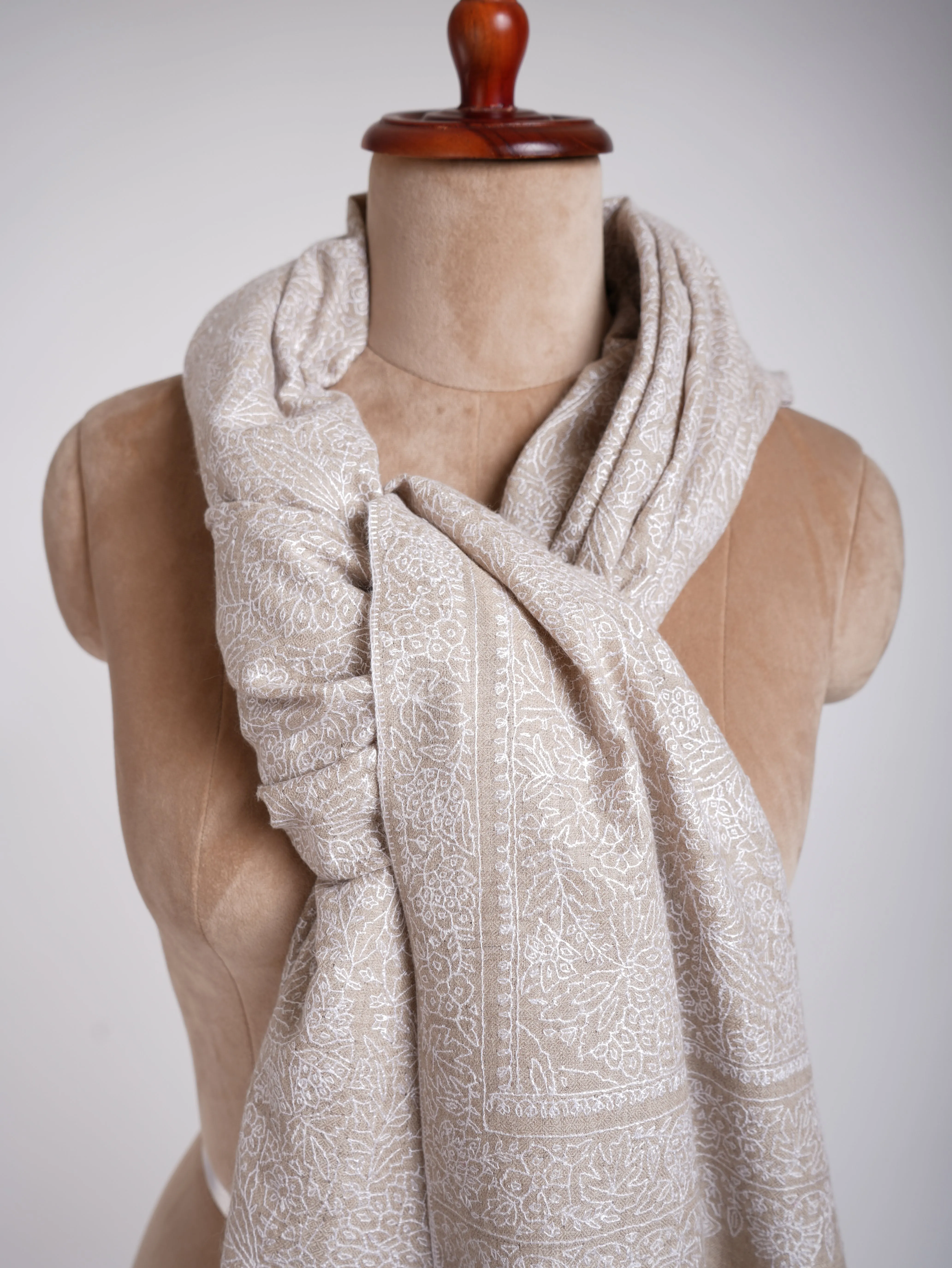 Grey with White Embroidered Pashmina Shawl