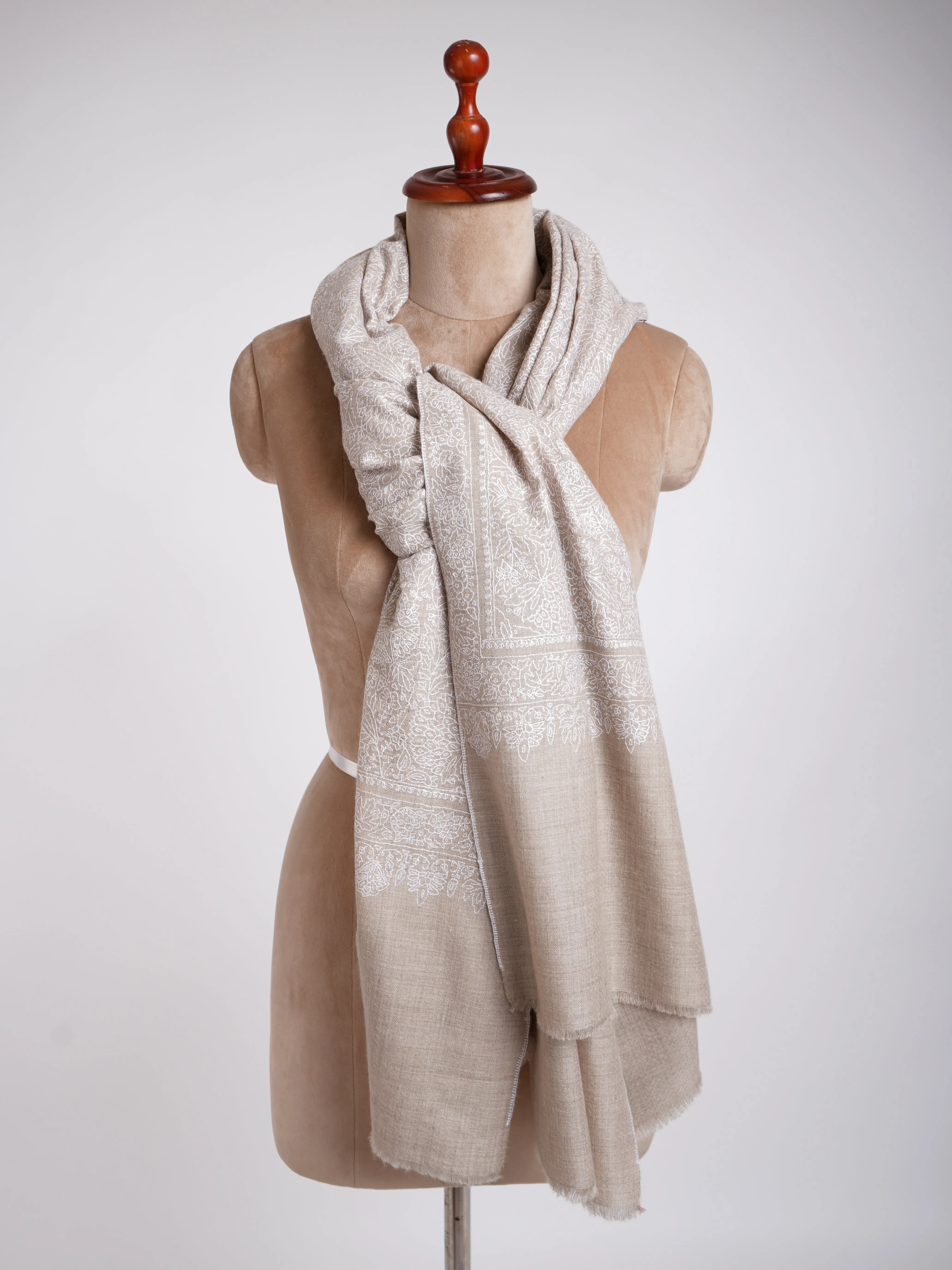 Grey with White Embroidered Pashmina Shawl