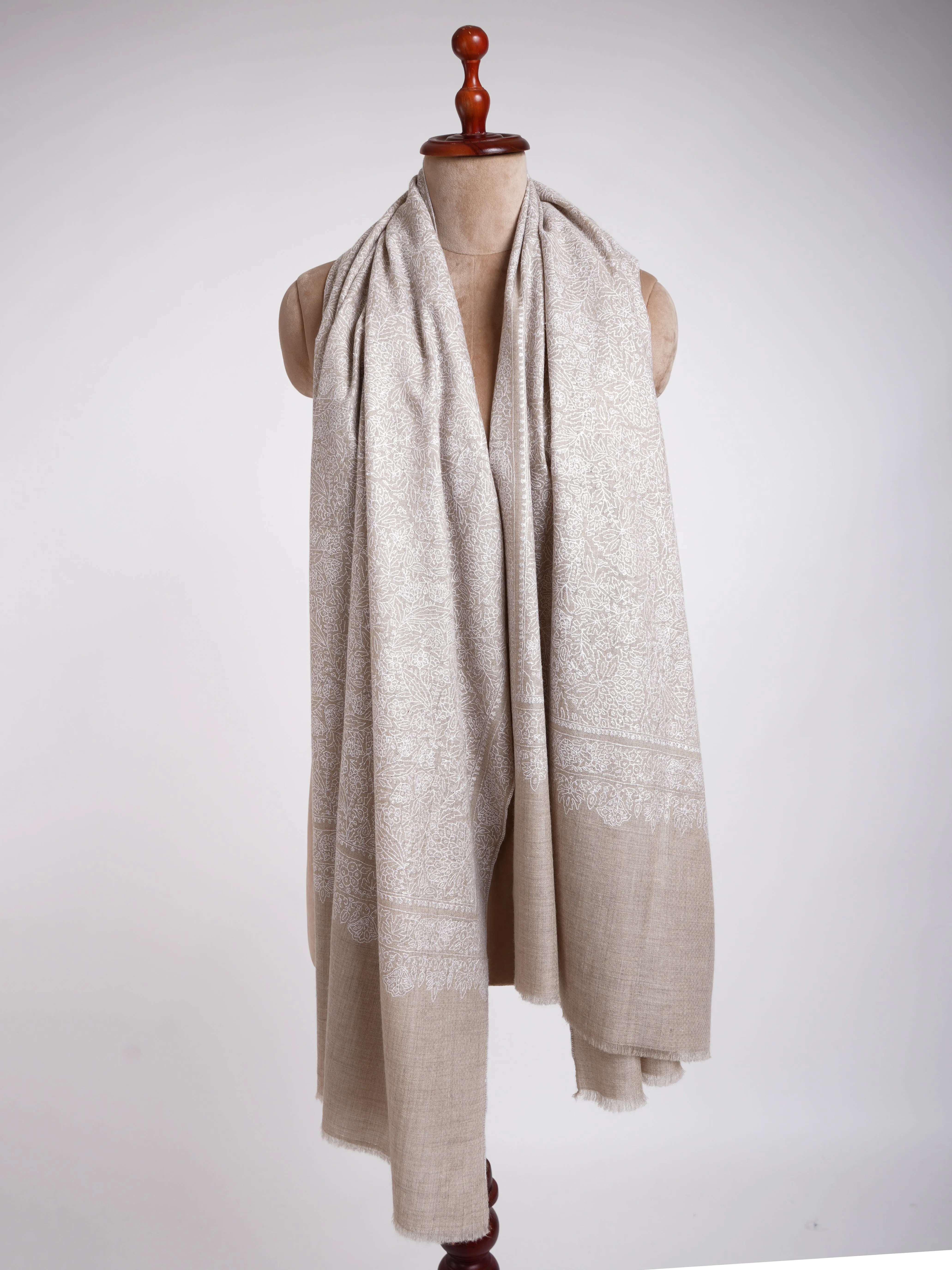 Grey with White Embroidered Pashmina Shawl