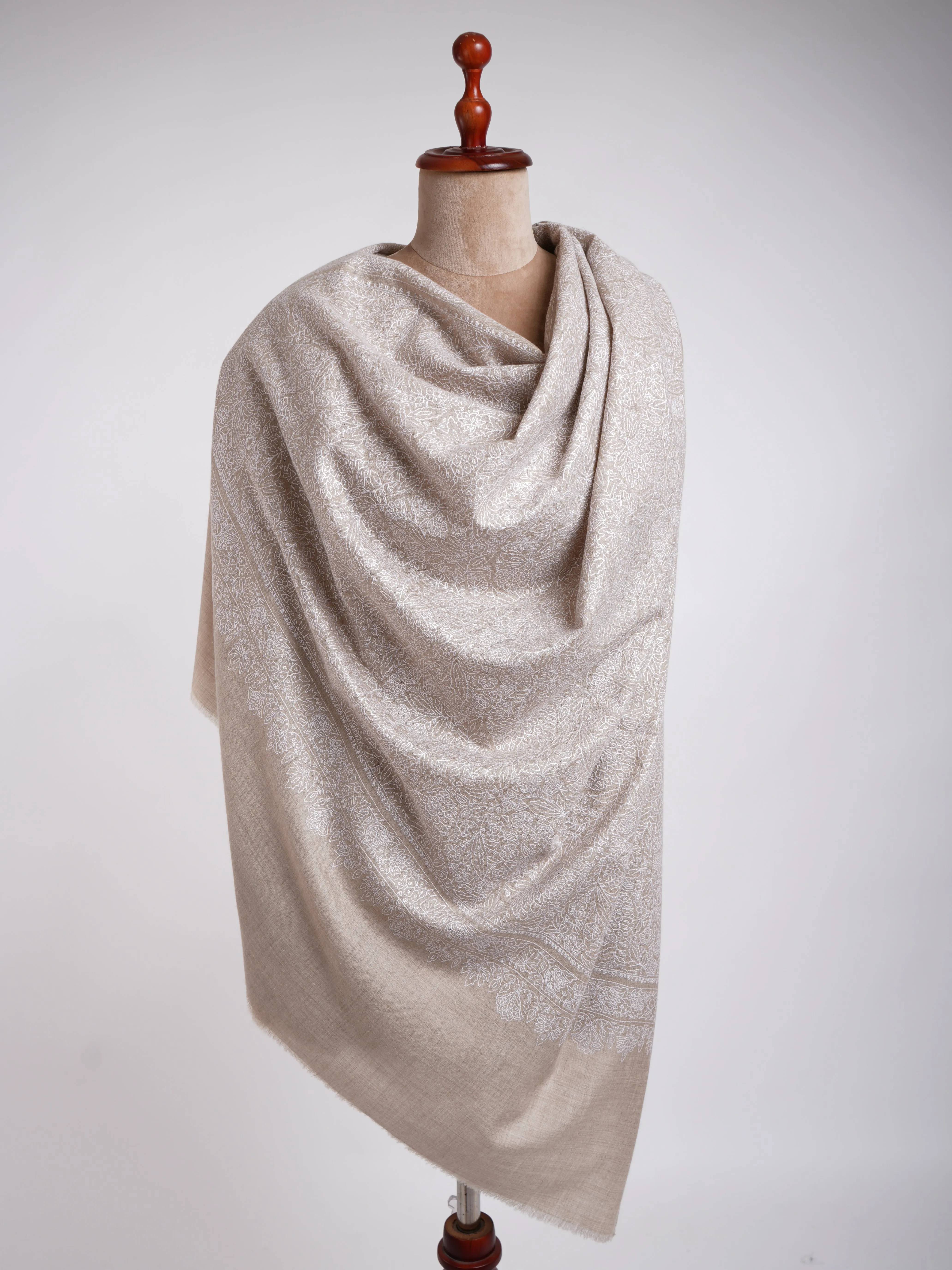 Grey with White Embroidered Pashmina Shawl