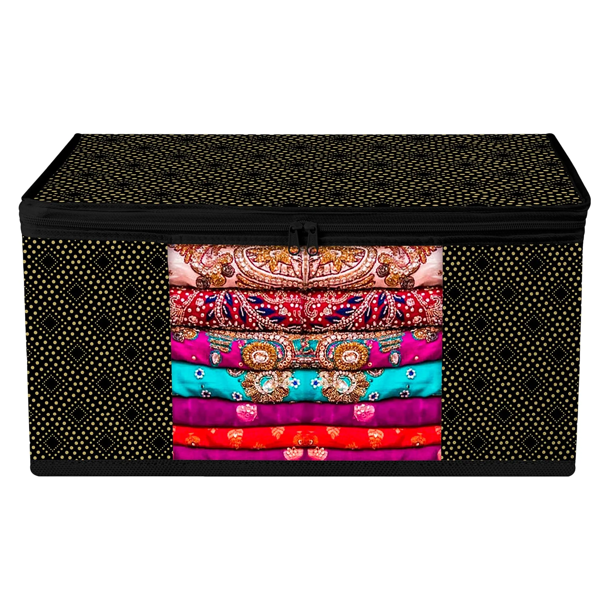 Heart Home Saree Cover | Zip Closure Saree Cover | Clothes Storage Bag | Wardrobe Organizer | Transparent Window Saree Cover | Bow Dot Golden | 9 Inch | Pack of 3 | Black