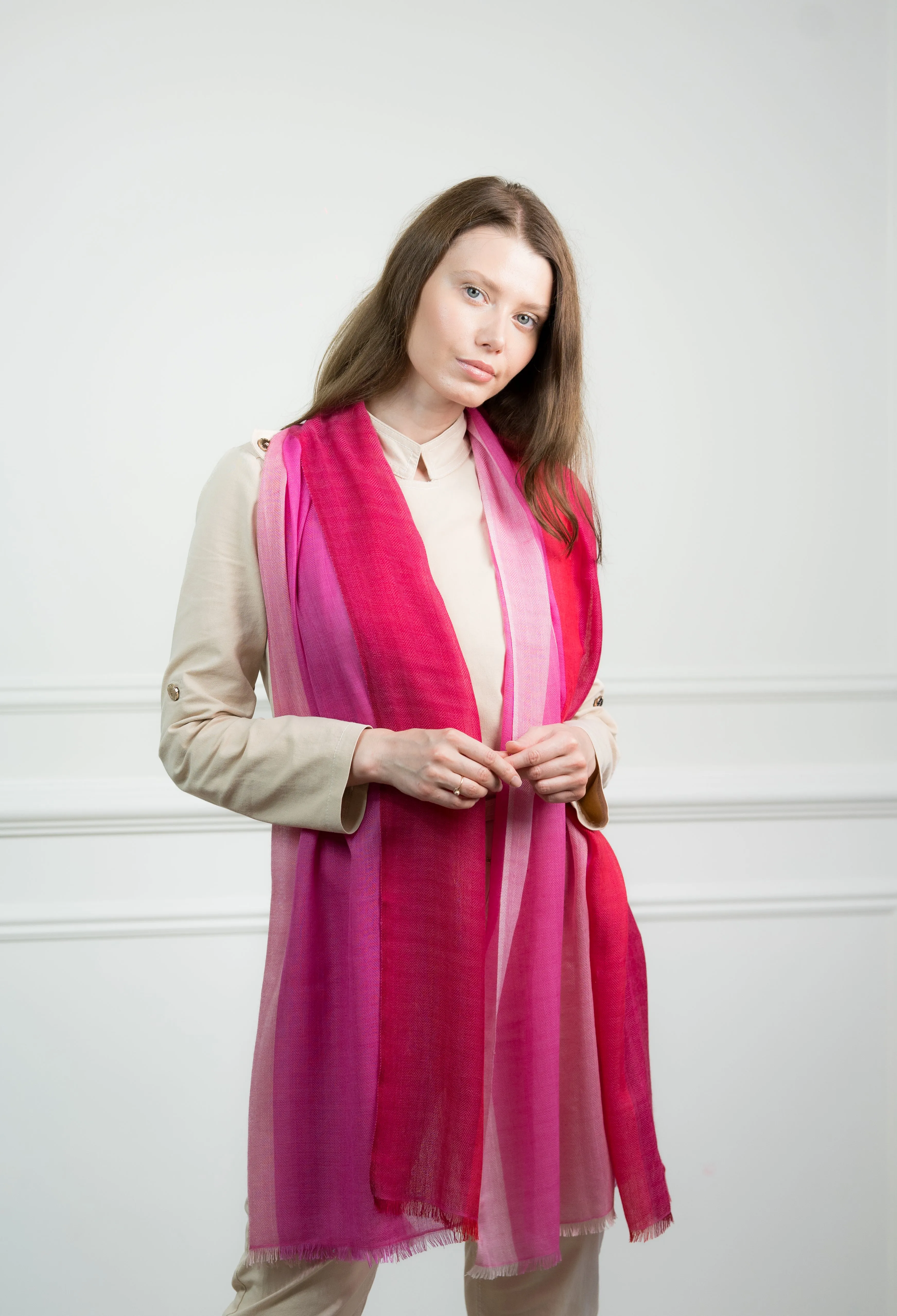 Herringbone Rosy 4 Color Block Cashmere Scarf