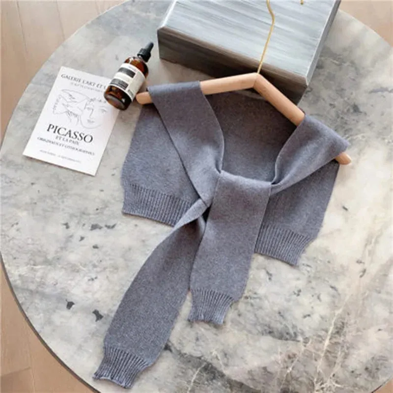 Korean Woman's Winter Wool Blouse Shoulders Cape Knotted Scarf Neck Guard Fake Collar Scarve Cashmere Warm Knitted Shawl Q36