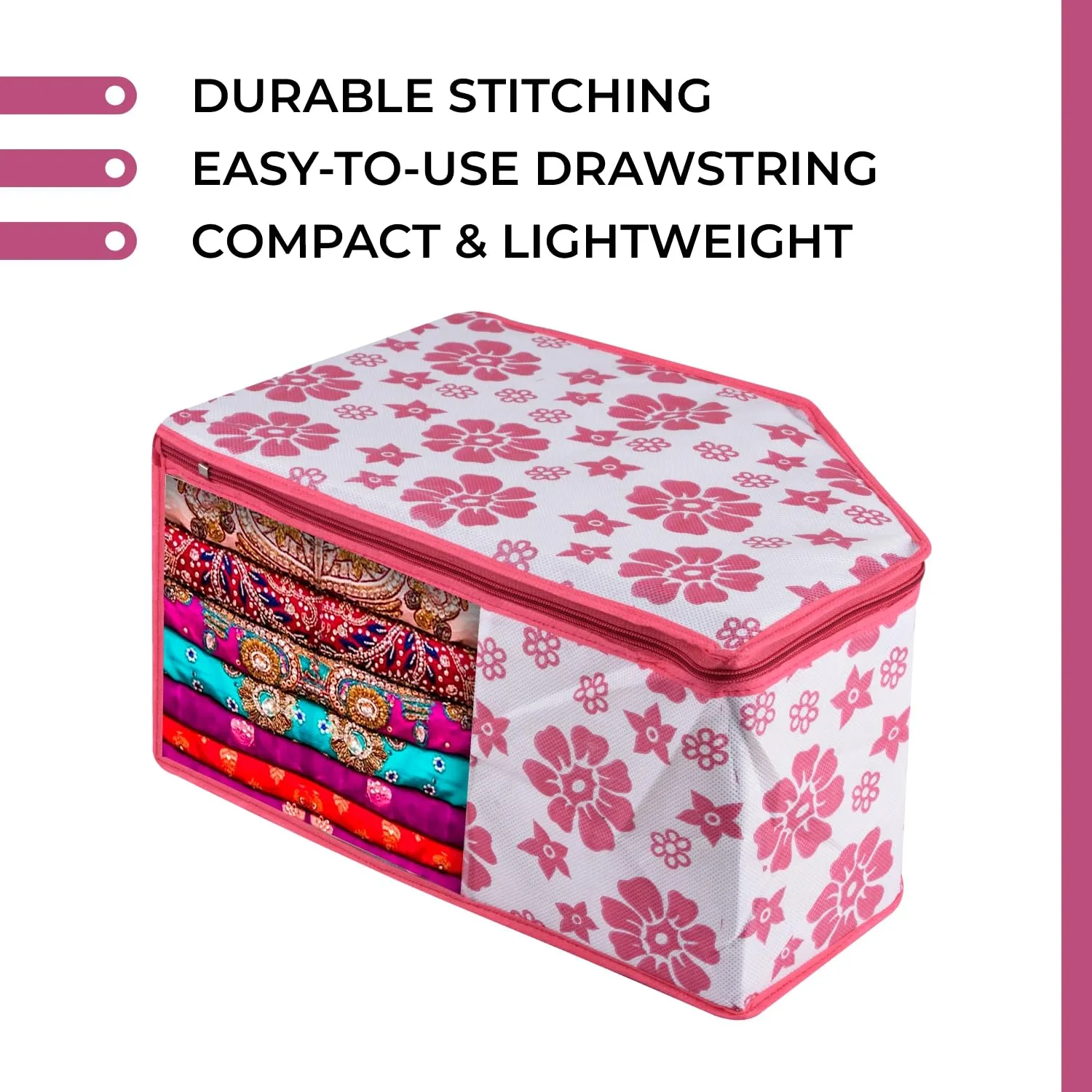 Kuber Industries Saree Cover & Blouse Cover Set | Saree & Blouse Organizer Combo Set | 2 Pieces Blouse & 2 Pieces Saree Cover Set | Zipper Closure | Flower-Design | Set of 4 | Pink