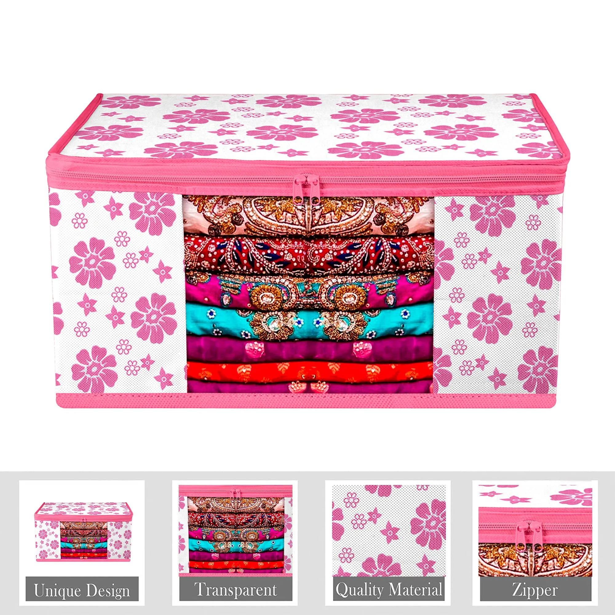 Kuber Industries Saree Cover & Blouse Cover Set | Saree & Blouse Organizer Combo Set | 2 Pieces Blouse & 2 Pieces Saree Cover Set | Zipper Closure | Flower-Design | Set of 4 | Pink