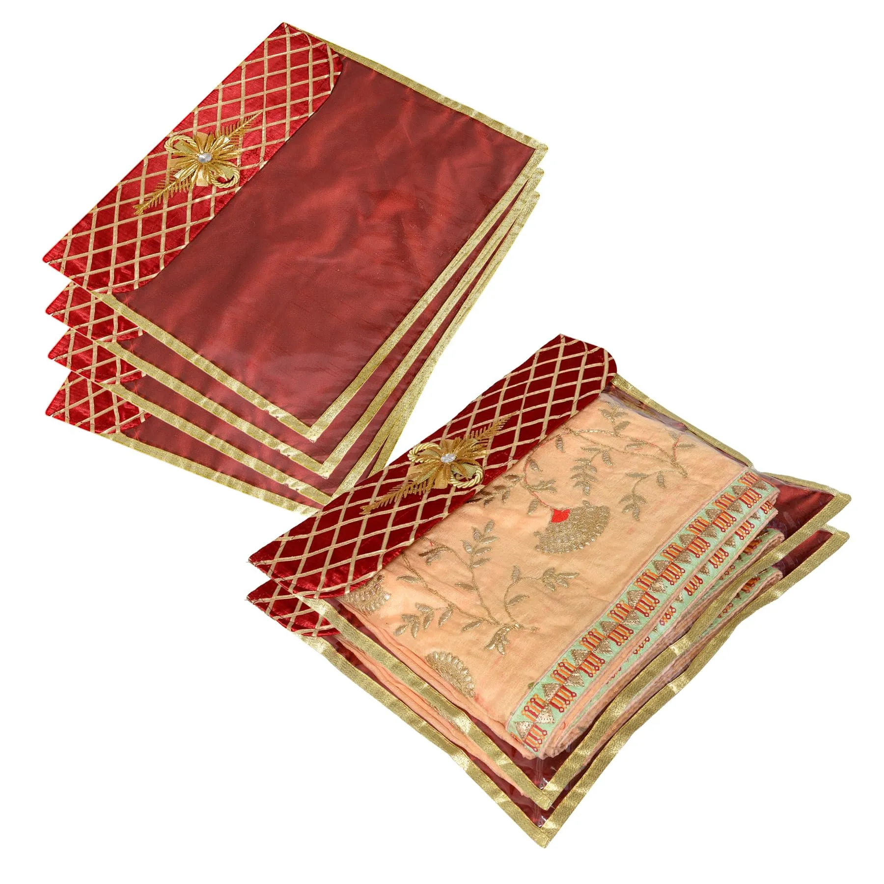 Kuber Industries Saree Cover | Clothes Storage Bag | Single Packing Saree with Velcro | Wardrobe Organizer | Cloth Stoarge Organizer | Check Jama Brooch-Design | Pack of 6 | Maroon