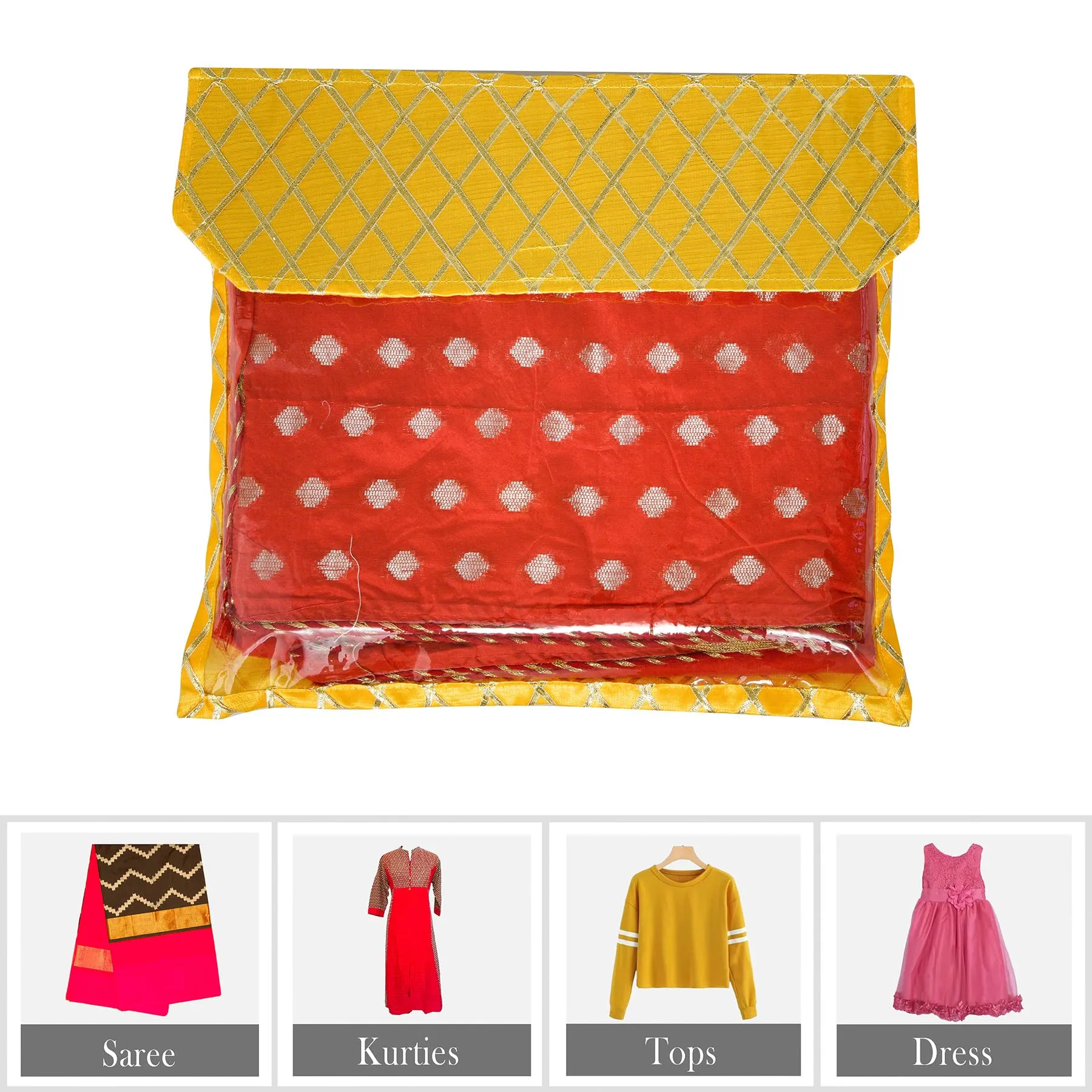 Kuber Industries Saree Cover | Clothes Storage Bag | Single Packing Saree with Zip Closure | Wardrobe Organizer | Cloth Stoarge Organizer | Check Jama-Design | Pack of 12 | Yellow