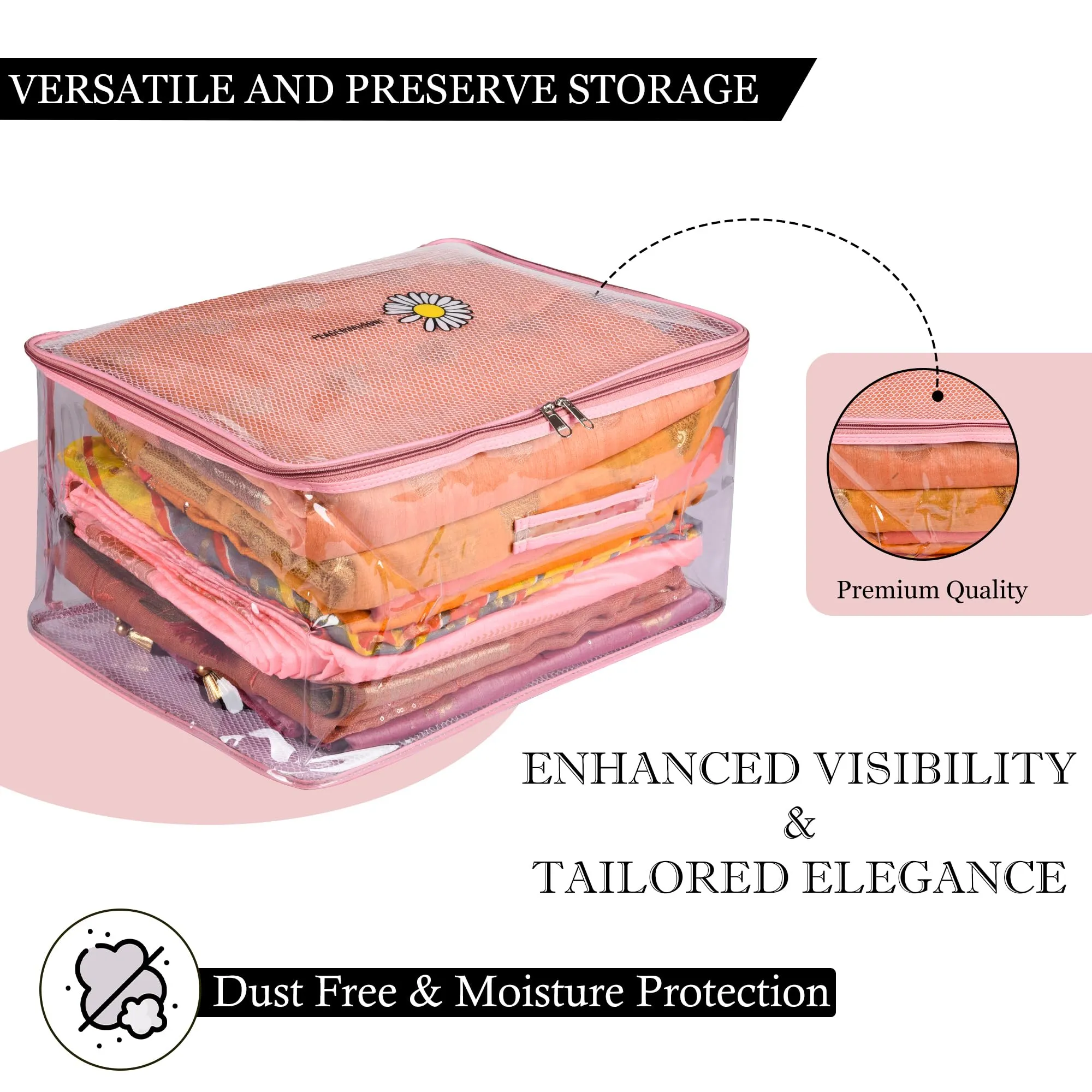 Kuber Industries Saree Cover | Clothes Storage Bag | Storage Organizer Bag | Zip Closure Saree Cover | Transparent Wardrobe Organizer | Embroidery Pearls-Design | 6 Inch | Pink