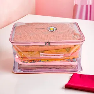 Kuber Industries Saree Cover | Clothes Storage Bag | Storage Organizer Bag | Zip Closure Saree Cover | Transparent Wardrobe Organizer | Embroidery Pearls-Design | 6 Inch | Pink