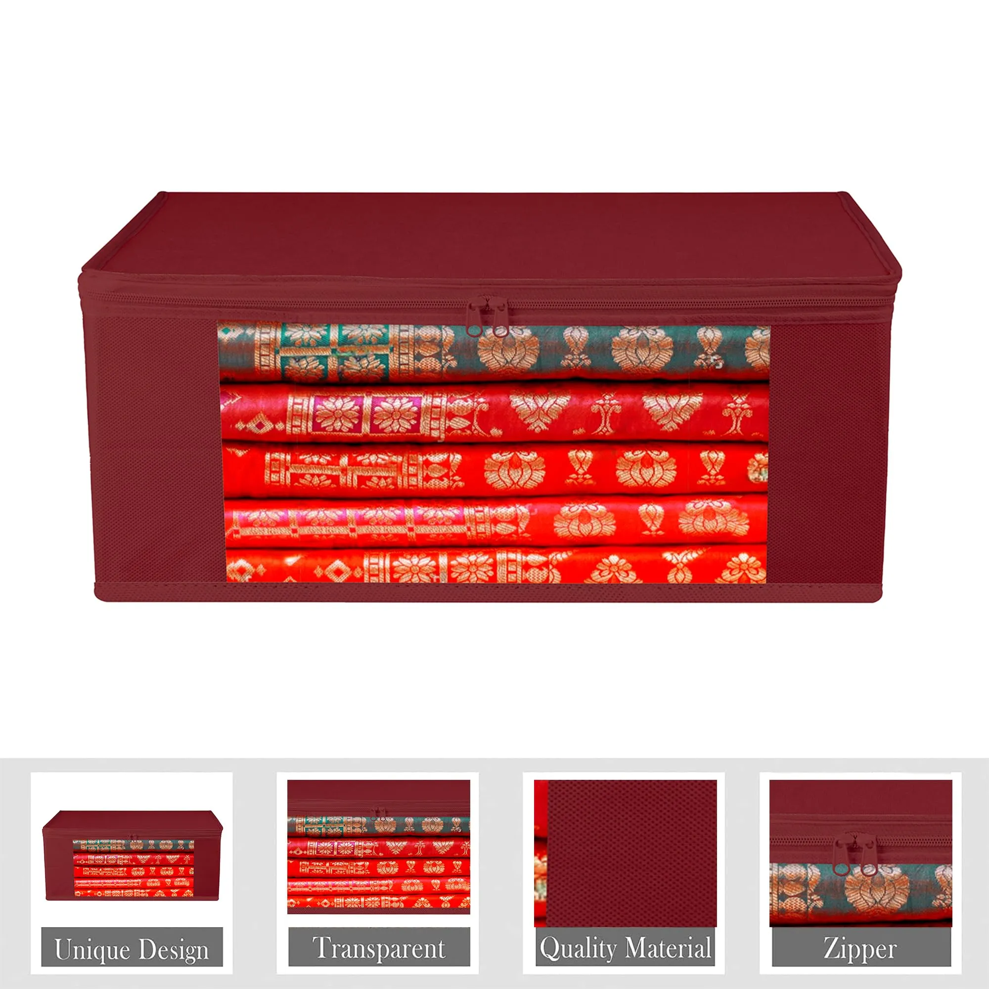 Kuber Industries Saree Cover | Clothes Storage Bag | Storage Organizer Bag | Zip Closure Saree Cover | Wardrobe Organizer | Plain Transparent Window Saree Cover | 6 Inch | Pack of 6 | Maroon