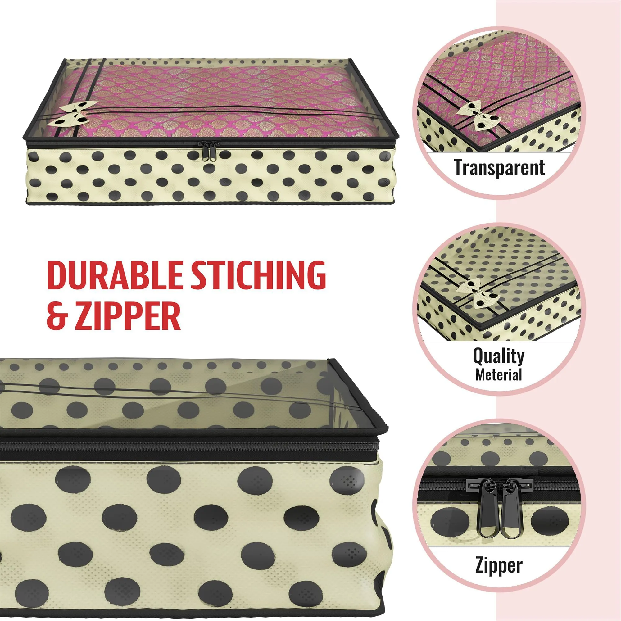 Kuber Industries Saree Cover | Clothes Storage Bag | Suit Packing Cover | Cloth Stoarge Organizer | Wardrobe Cloth Storage Organiser with Zip | Dot Bow-Design | 3 Inch | Pack of 9 | Cream