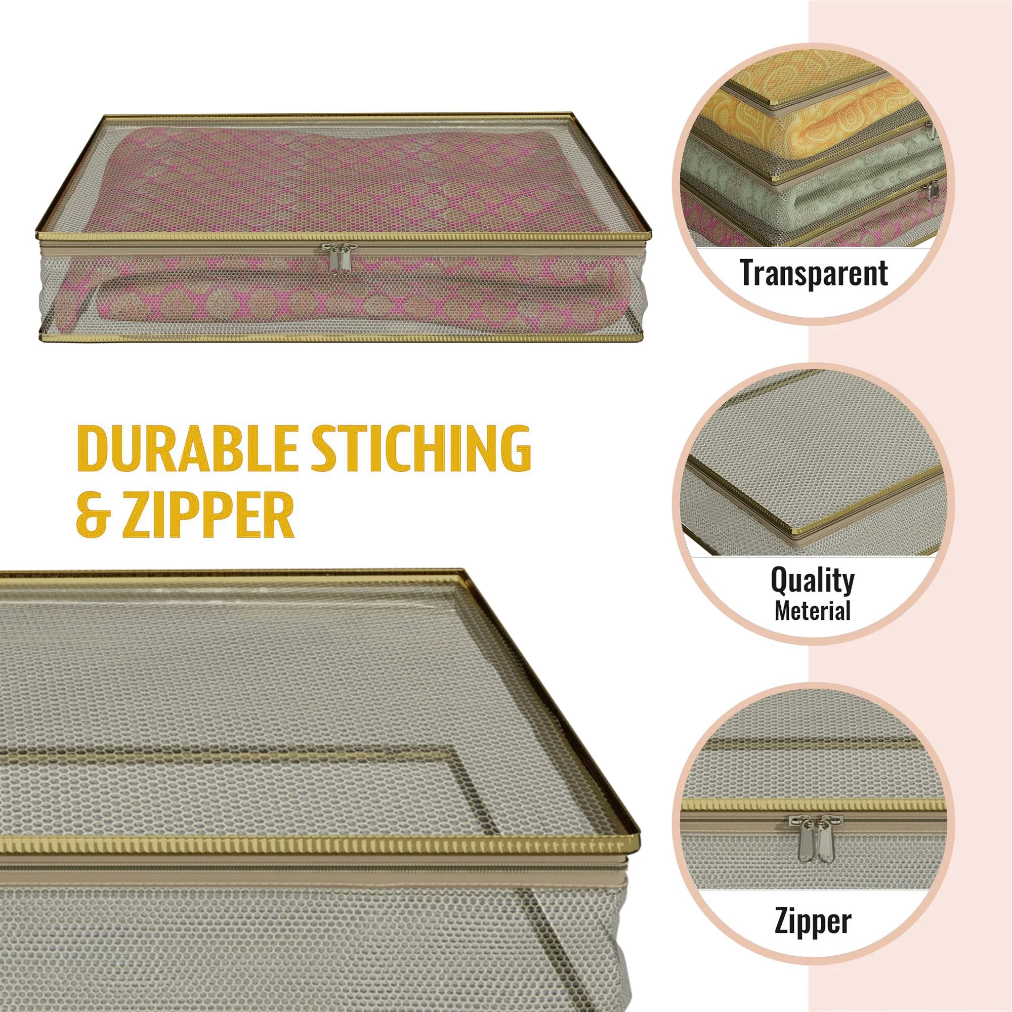 Kuber Industries Saree Cover | Clothes Storage Bag | Suit Packing Cover | Cloth Stoarge Organizer | Wardrobe Cloth Storage Organiser with Zip | Mesh Transparent | 3 Inch | Pack of 12 | Gold