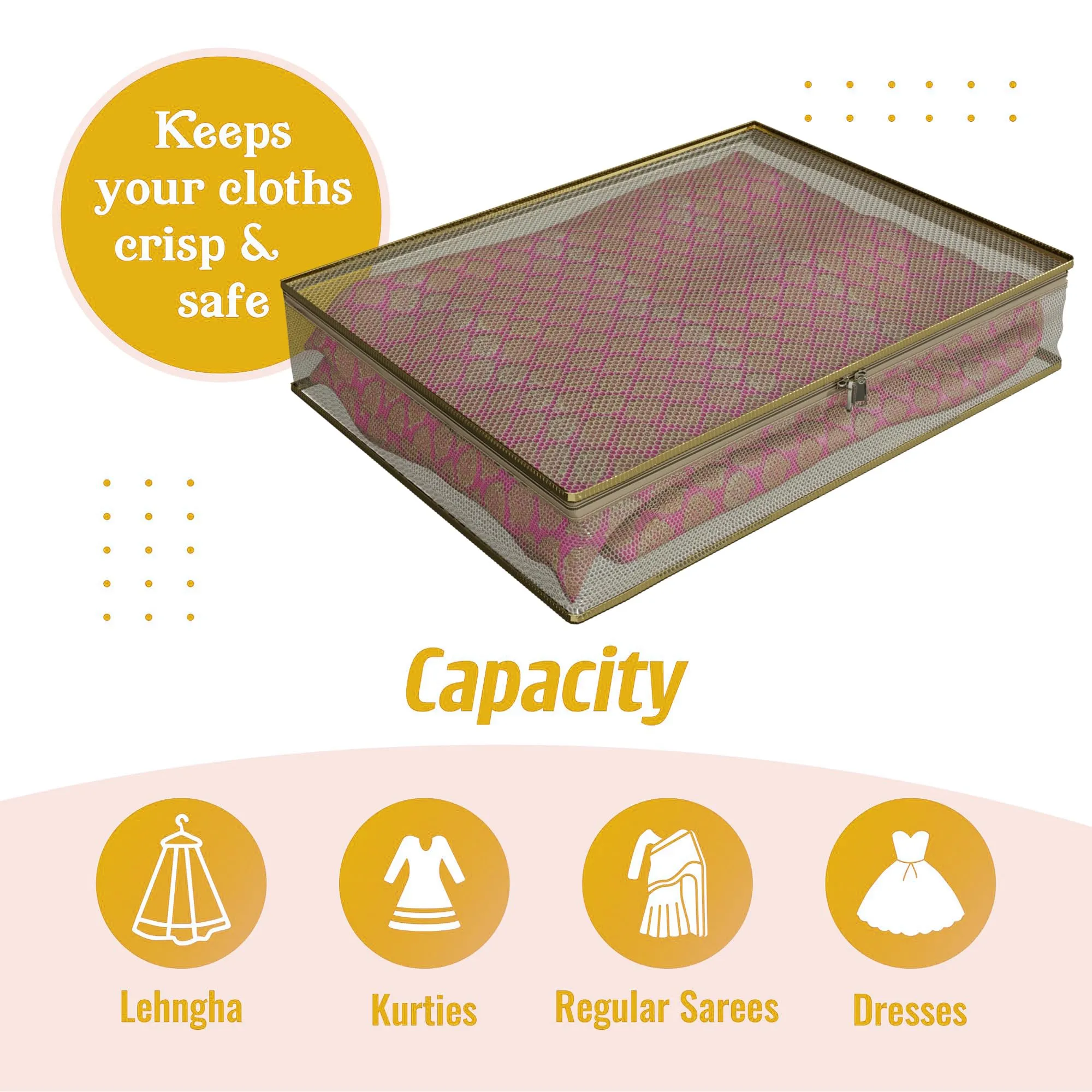 Kuber Industries Saree Cover | Clothes Storage Bag | Suit Packing Cover | Cloth Stoarge Organizer | Wardrobe Cloth Storage Organiser with Zip | Mesh Transparent | 3 Inch | Pack of 12 | Gold