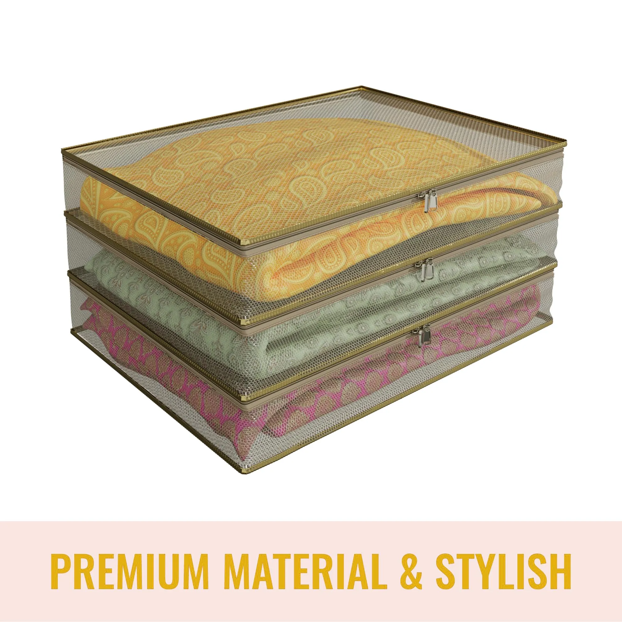 Kuber Industries Saree Cover | Clothes Storage Bag | Suit Packing Cover | Cloth Stoarge Organizer | Wardrobe Cloth Storage Organiser with Zip | Mesh Transparent | 3 Inch | Pack of 12 | Gold