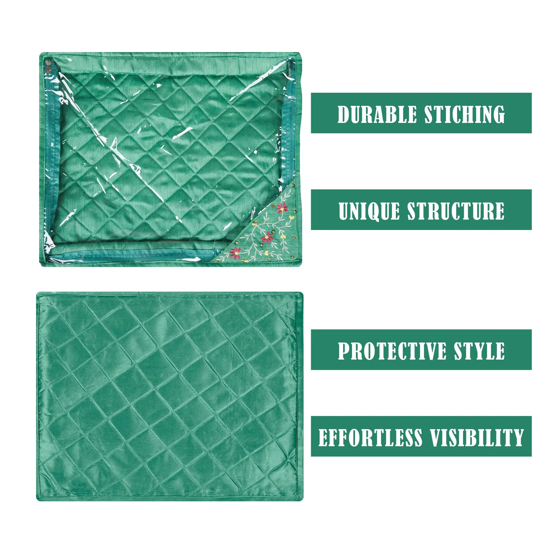 Kuber Industries Saree Cover | Clothes Storage Bag | Suit Packing Cover | Cloth Stoarge Organizer | Wardrobe Cloth Storage Organiser with Zip | Side Embroidery-Design | 3 Inch | Pack of 6 | Green