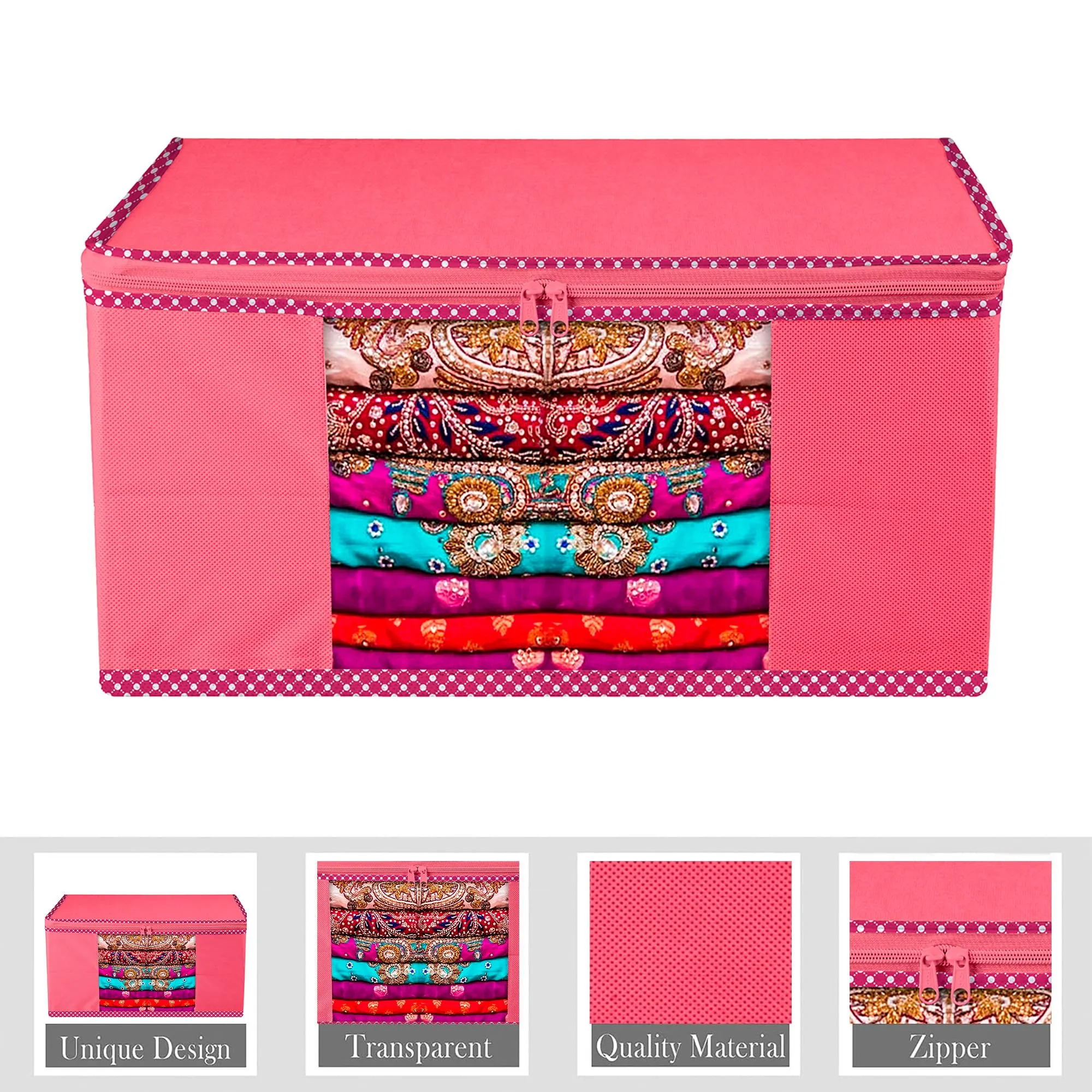 Kuber Industries Saree Cover | Zip Closure Saree Cover | Clothes Storage Bag | Wardrobe Organiser for Suit | Transparent Window Saree Cover | Dot Border-Design | 9 inch | Pack of 12 | Pink