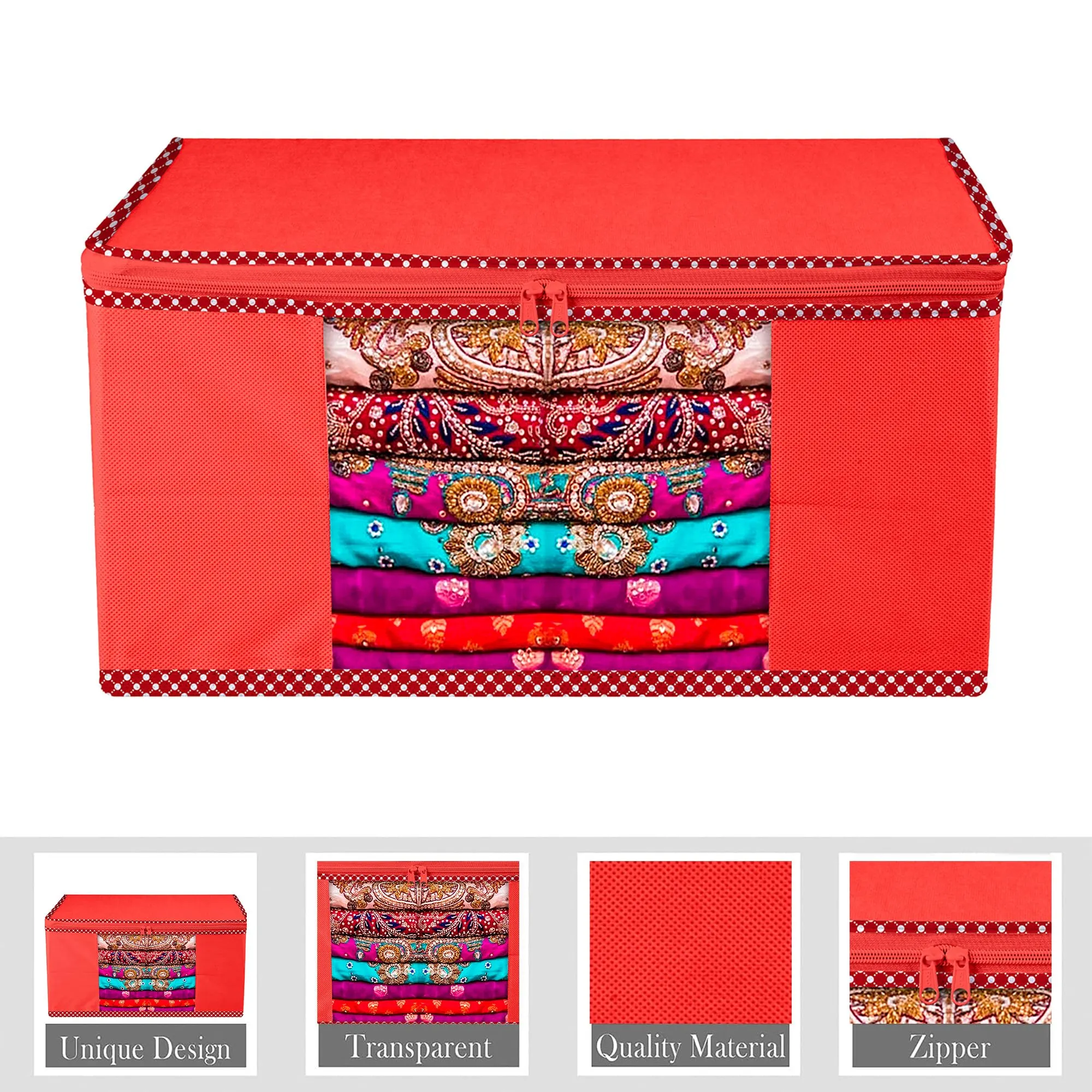 Kuber Industries Saree Cover | Zip Closure Saree Cover | Clothes Storage Bag | Wardrobe Organiser for Suit | Transparent Window Saree Cover | Dot Border-Design | 9 inch | Pack of 9 | Red