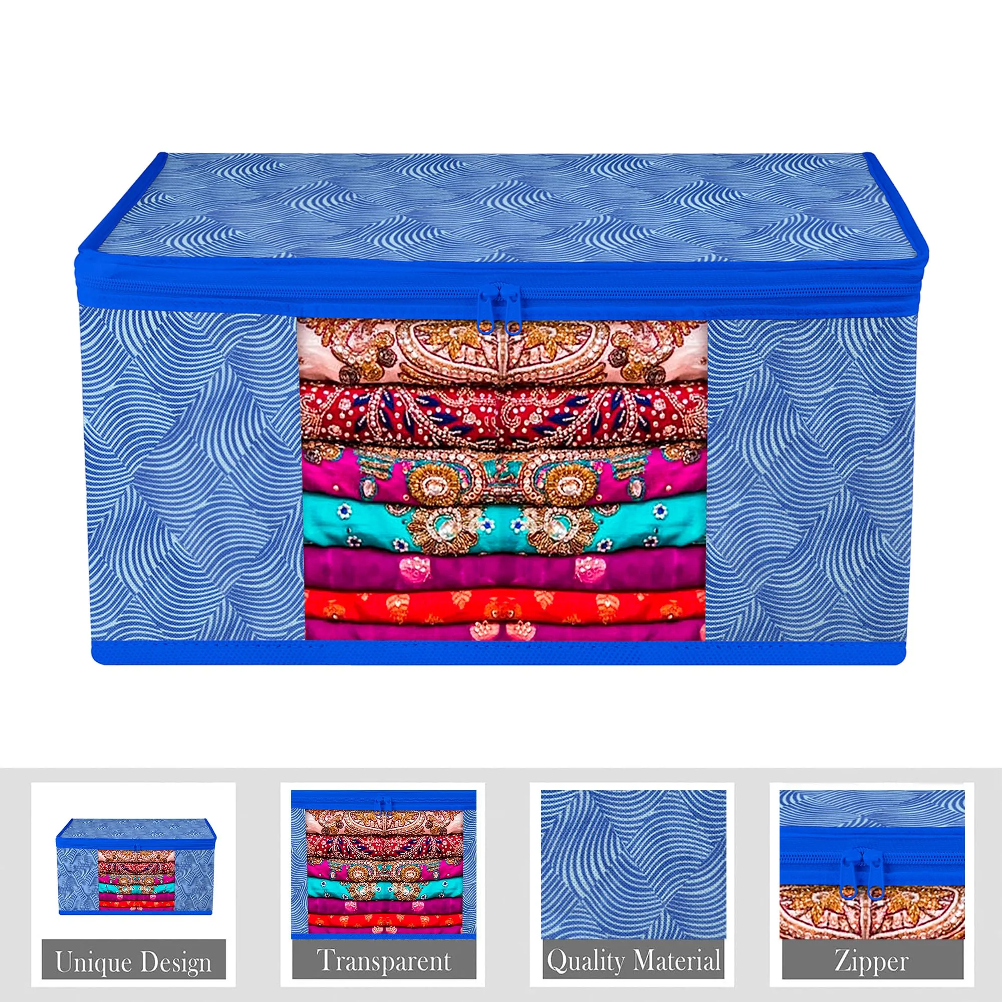 Kuber Industries Saree Cover | Zip Closure Saree Cover | Clothes Storage Bag | Wardrobe Organiser | Transparent Window Saree Cover | Lahariya-Design | 9 inch | Pack of 12 | Blue