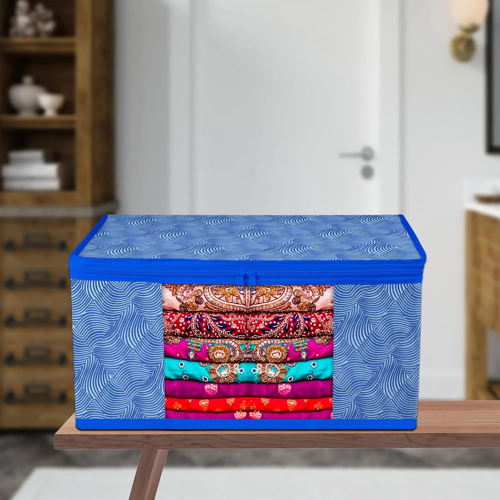 Kuber Industries Saree Cover | Zip Closure Saree Cover | Clothes Storage Bag | Wardrobe Organiser | Transparent Window Saree Cover | Lahariya-Design | 9 inch | Pack of 9 | Blue