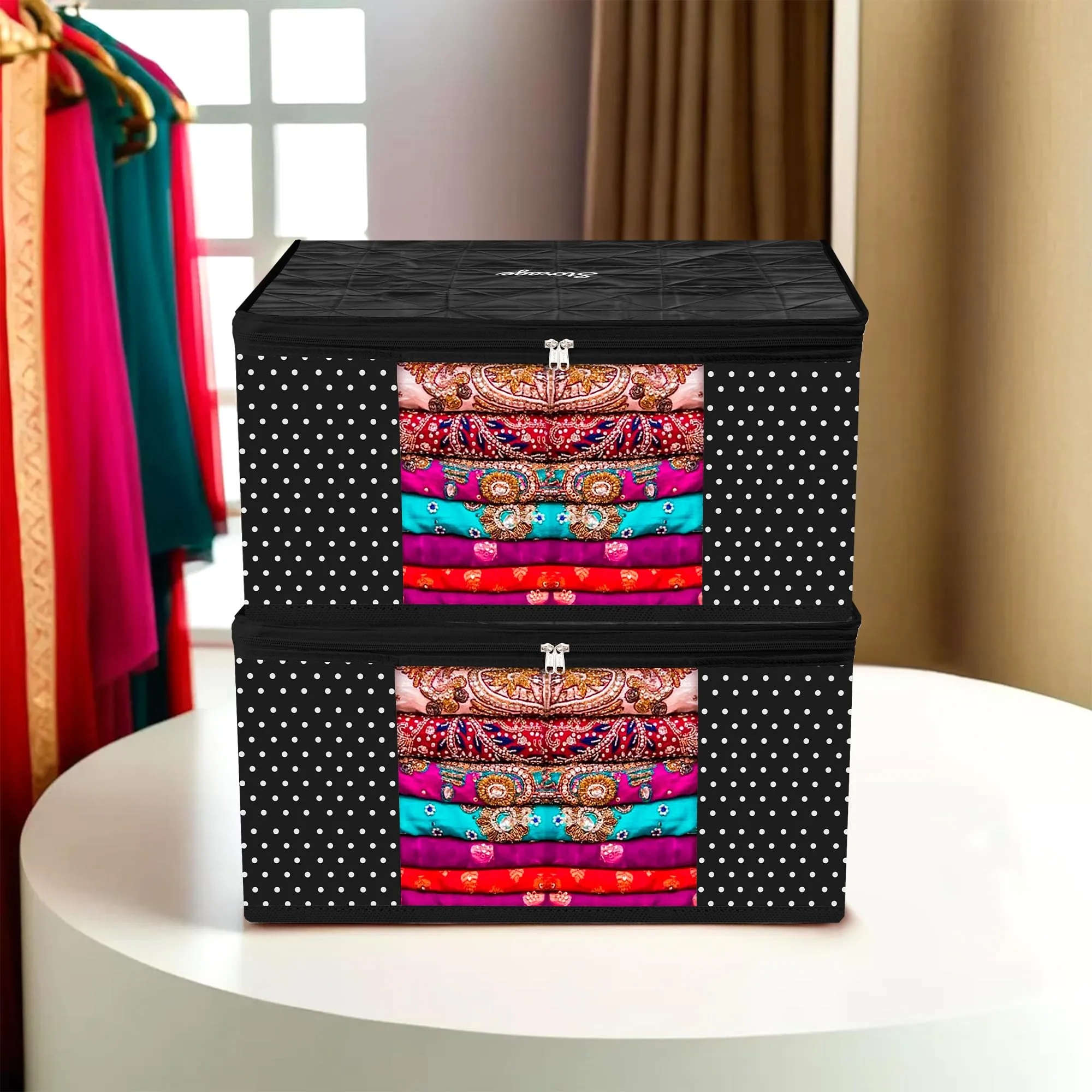 Kuber Industries Saree Cover | Zipper Closure Saree Storage Bag | Saree Organizer for Wardrobe with Handle | Transparent View Clothes Storage Bag for Lehenga | Side Dot-Design | Pack of 2 | Black