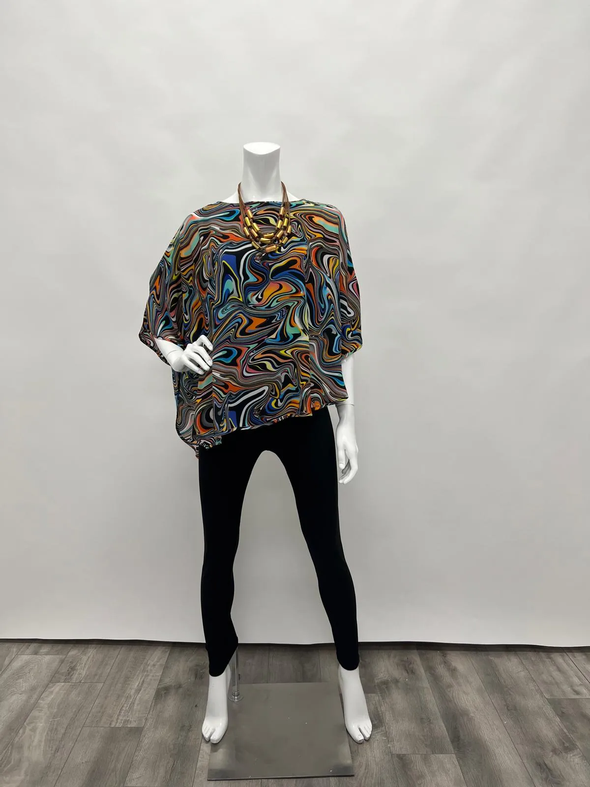 Lior Jewel Neck Draped Sleeve Layered Cape Top Multi Swirl Watercolor