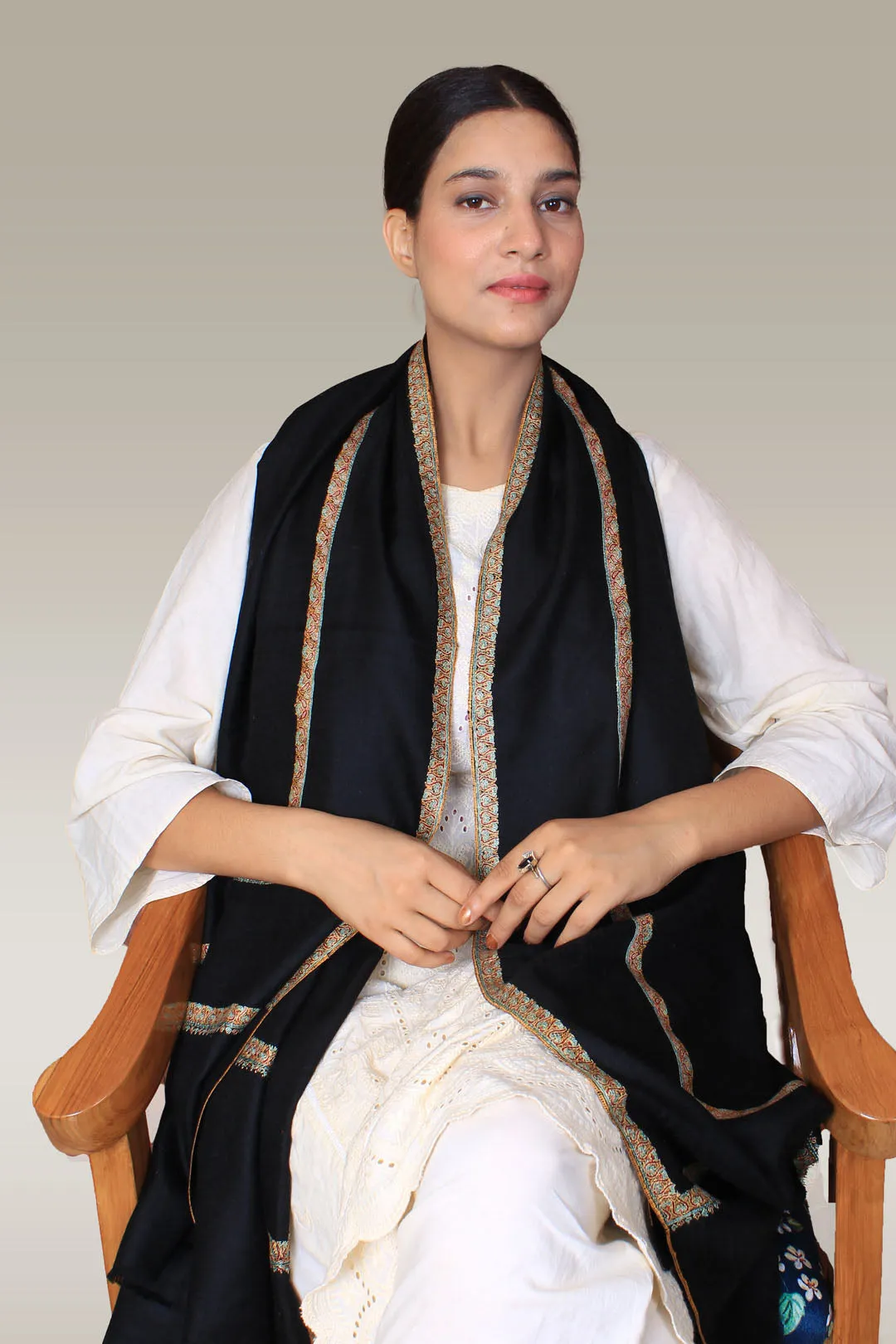 Maheen Pitch Black Double Hashidar Embroidered Pashmina Shawl