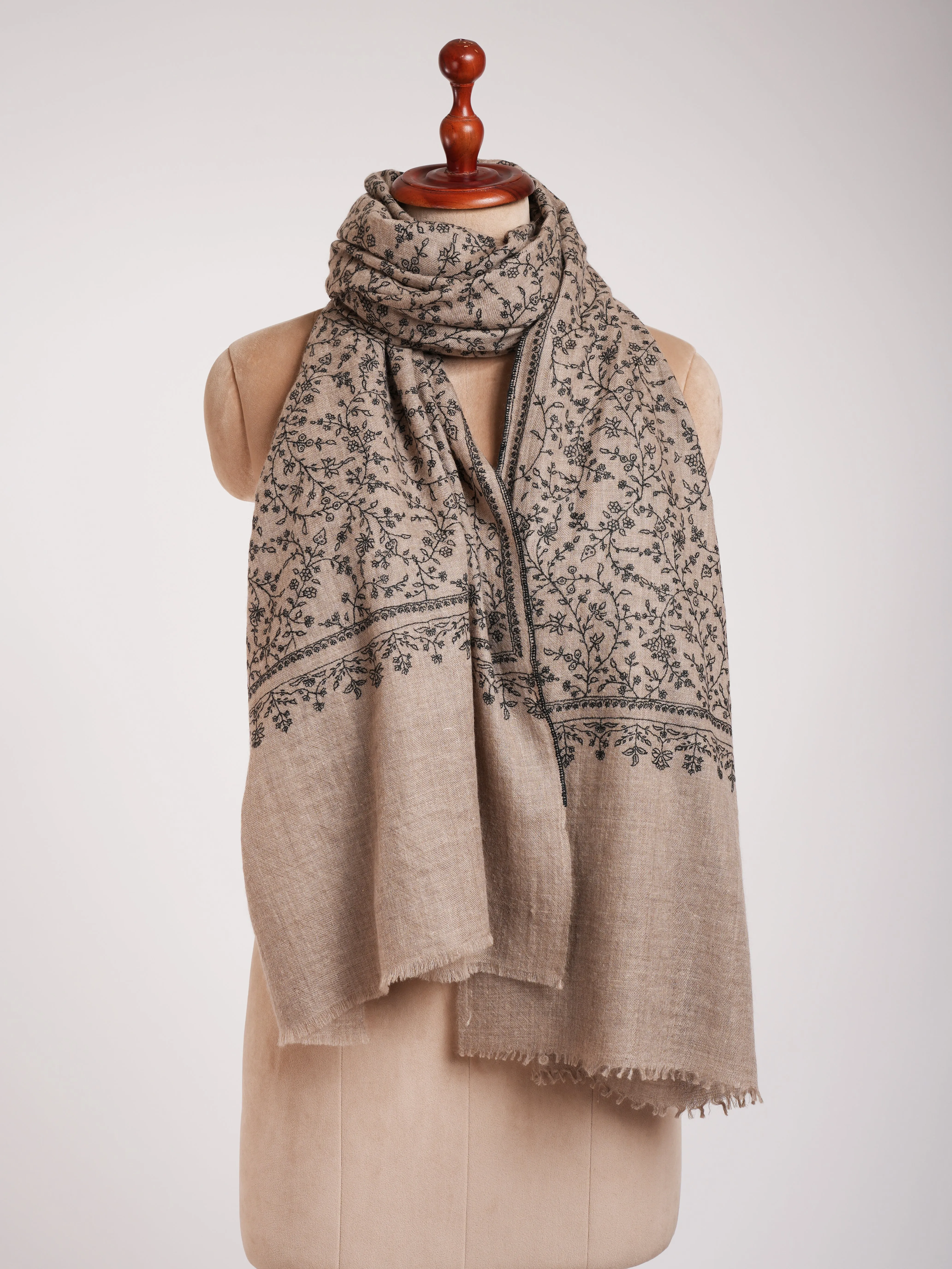 Natural Grey Pashmina Shawl with Black Sozni Embroidery