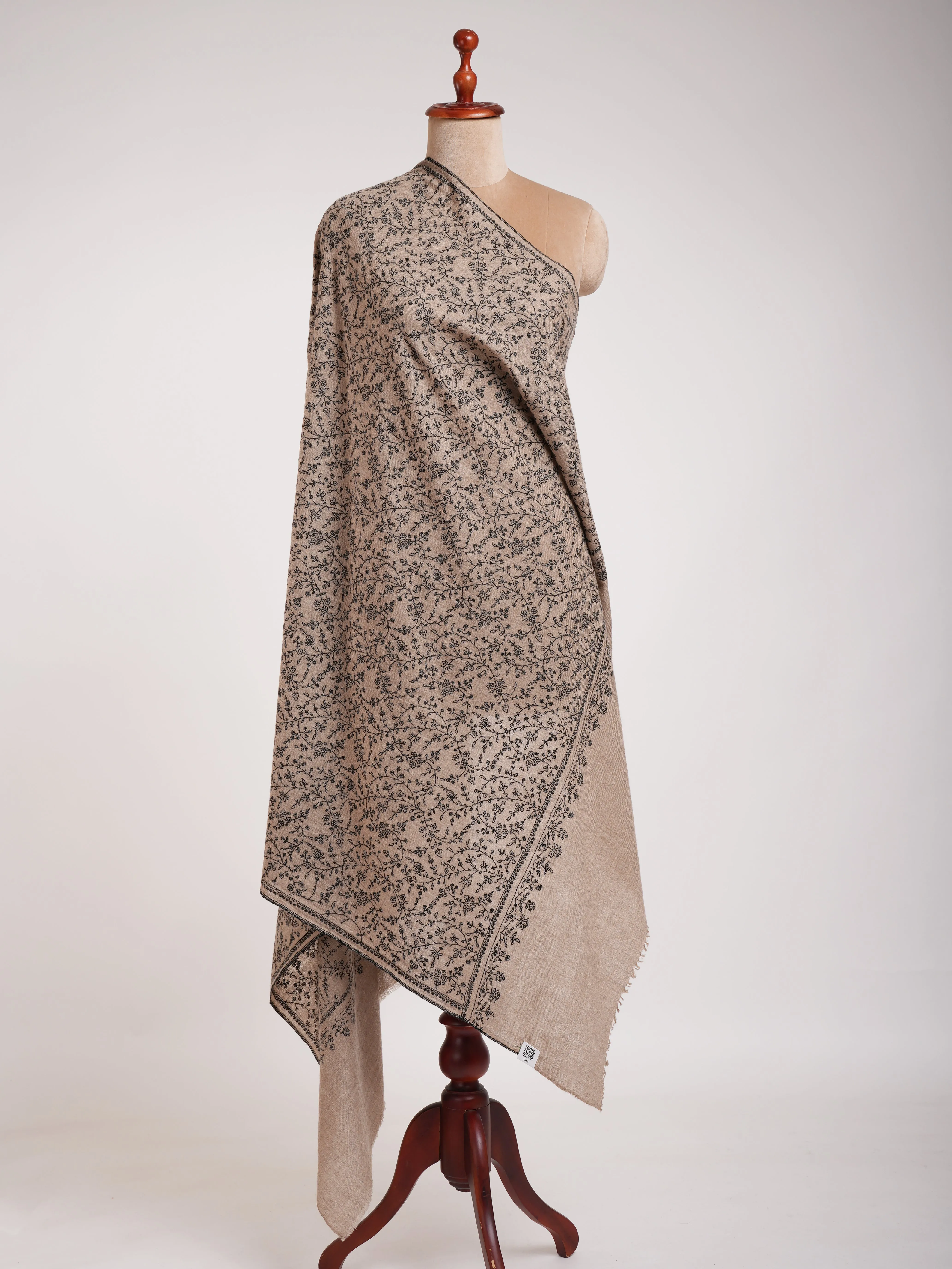 Natural Grey Pashmina Shawl with Black Sozni Embroidery